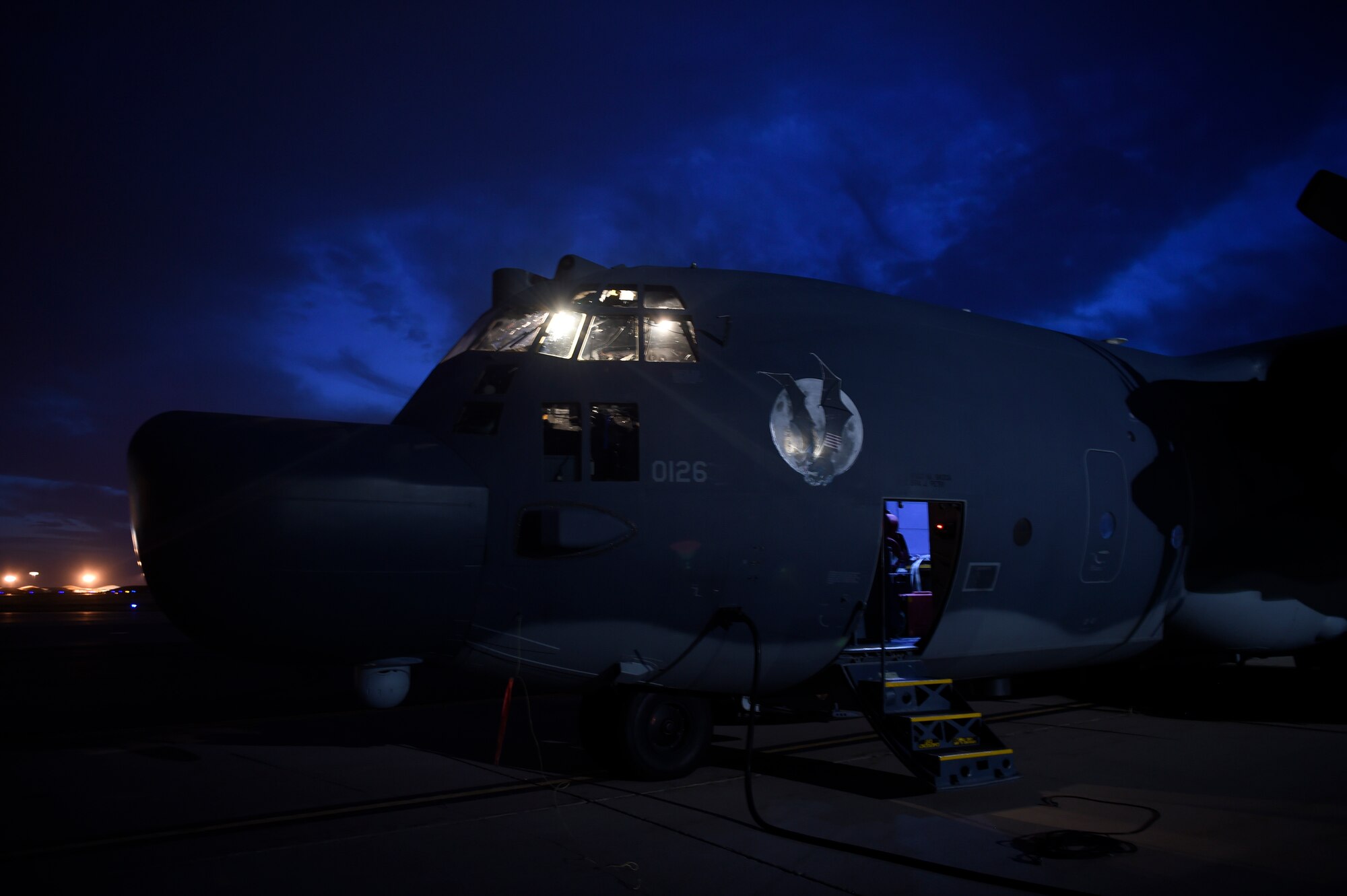 An MC-130H Combat Talon II prepares for a low-level night flight at Hill Air Force Base, Utah, Nov. 2, 2015. The exercise allowed Airmen to perform their duties in a simulated expeditionary environment outside of their home stations. (U.S. Air Force by Airman Kai White)