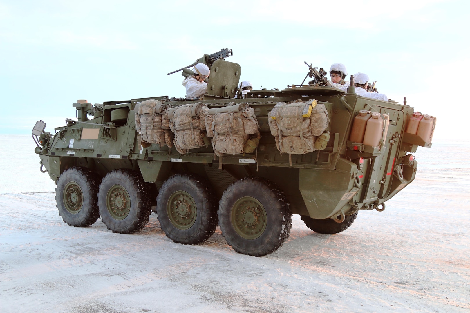 U.S. Army Alaska Soldiers from Bravo Company, 3-21 Infantry Regiment, 1st Stryker Brigade scanning the Arctic tundra outside Deadhorse, Alaska, during Operation Arctic Pegasus, Nov. 4, 2015. Arctic Pegasus is U.S. Army Alaska's annual joint exercise designed to test rapid-deployment and readiness in the Arctic. The exercise marks the first time Strykers have deployed above the Arctic Circle. 1st Stryker Brigade Combat Team is the Army's northernmost unit and has the unique capability to deploy and operate in extreme cold regions. (Photo by Capt. Richard Packer, U.S. Army Alaska Public Affairs)