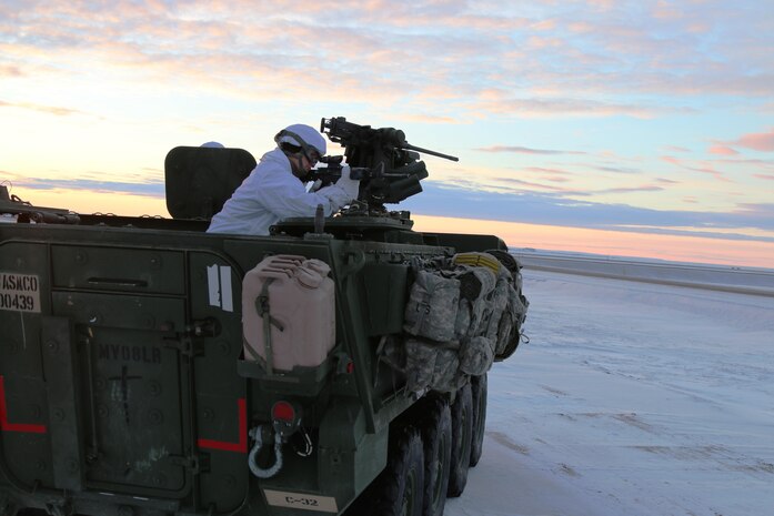 A U.S. Army Alaska Soldier with Bravo Company, 3-21 Infantry Regiment, 1st Stryker Brigade scanning the Arctic tundra outside Deadhorse, Alaska, during Operation Arctic Pegasus, Nov. 4, 2015. Arctic Pegasus is U.S. Army Alaska's annual joint exercise designed to test rapid-deployment and readiness in the Arctic. The exercise marks the first time Strykers have deployed above the Arctic Circle. 1st Stryker Brigade Combat Team is the Army's northernmost unit and has the unique capability to deploy and operate in extreme cold regions. (Photo by Capt. Richard Packer, U.S. Army Alaska Public Affairs)