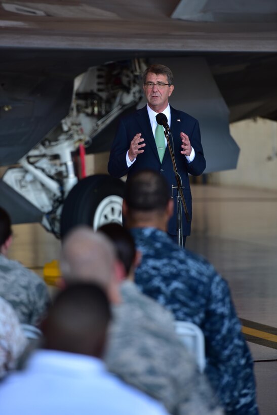 United States Secretary of Defense Ashton B. Carter speaks during a 'troop talk' event held on Joint Base Pearl Harbor-Hickam, Friday, Nov. 6, 2015. The event, which was held at Hangar 19, allowed service members from all five branches to learn more about the evolving balance of forces in the Indo-Asian Pacific region. Defense Secretary Carter also fielded questions from Airmen, Sailors, Marines, Soldiers and Coast Guardsmen ranging from tensions in the South China Sea to sequestration and budget cuts. (U.S. Air Force photo/Staff Sgt. Christopher Stoltz/Released)