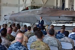 United States Secretary of Defense Ashton B. Carter speaks during a 'troop talk' event held on Joint Base Pearl Harbor-Hickam, Friday, Nov. 6, 2015. The event, which was held at Hangar 19, allowed service members from all five branches to learn more about the evolving balance of forces in the Indo-Asian Pacific region. Defense Secretary Carter also fielded questions from Airmen, Sailors, Marines, Soldiers and Coast Guardsmen ranging from tensions in the South China Sea to sequestration and budget cuts. (U.S. Air Force photo/Staff Sgt. Christopher Stoltz/Released)