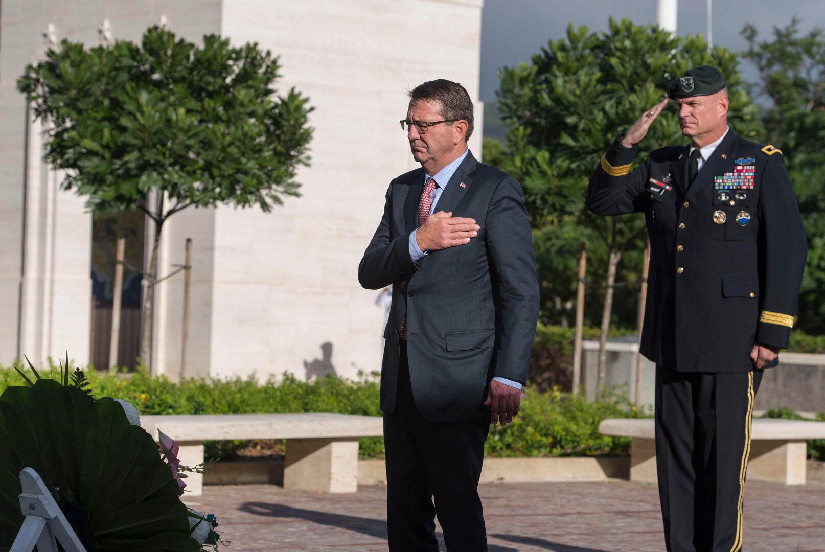 Defense Secretary Ash Carter, left, and Army Maj. Gen. Eric P. Wendt, chief of staff of the U.S. Pacific Command, render honors  after Carter placed a wreath at the National Memorial Cemetery of the Pacific in Honolulu, Nov. 5, 2015. DoD photo by Air Force Senior Master Sgt. Adrian Cadiz