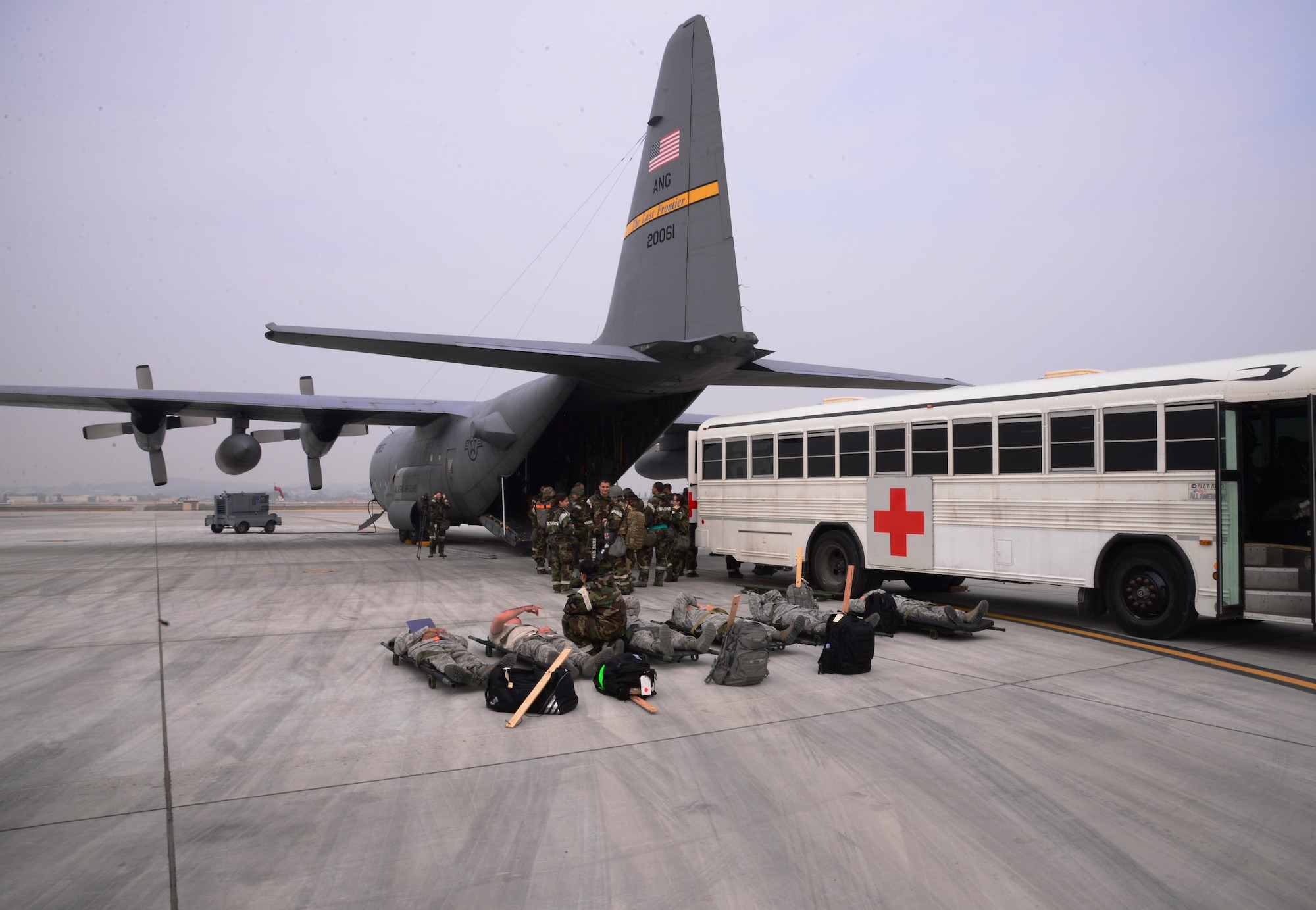 An Air National Guard HC-130 Combat King II cargo aircraft assigned to the 144th Airlift Squadron, Joint Base Elmendorf-Richardson, Alaska, is loaded with simulated aeromedical evacuation victims during Vigilant Ace 16, Nov. 5, 2015, at Osan Air Base, Republic of Korea. More than eight squadrons from three seperate bases across Pacific Air Forces are participating in Vigilant Ace 16, a large-scale exercise designed to enhance the interoperability of the U.S. and Republic of Korea Air Forces. (U.S. Air Force photo/Staff Sgt. Benjamin Sutton)