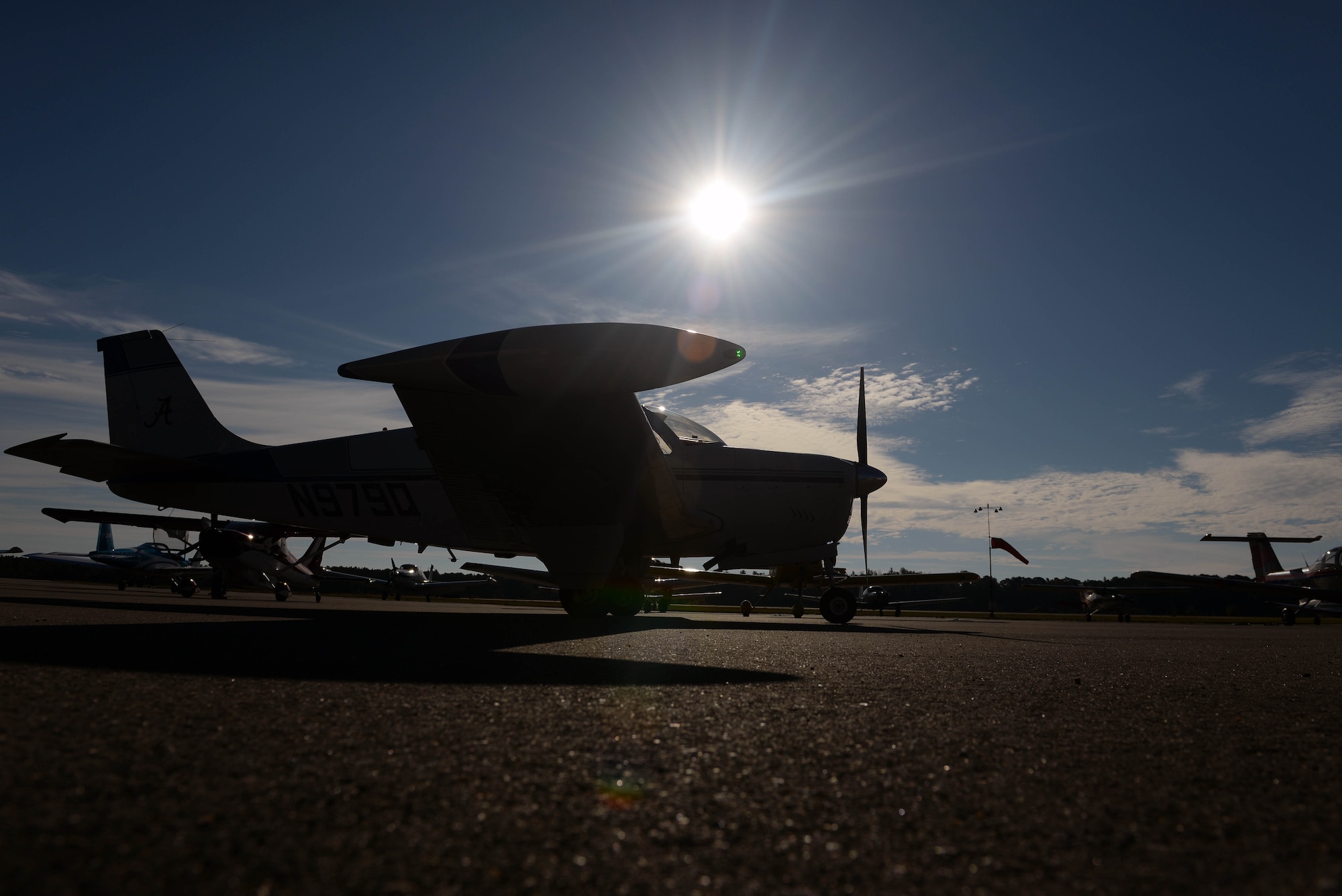 An aircraft taxis prior to takeoff during the Scare-A-Controller event, Oct. 31, 2015, at Wayne Executive Jetport in Goldsboro, North Carolina. More than 50 air traffic control Airmen and their families were taken along for incentive rides for the event. (U.S. Air Force photo/Senior Airman John Nieves Camacho)
