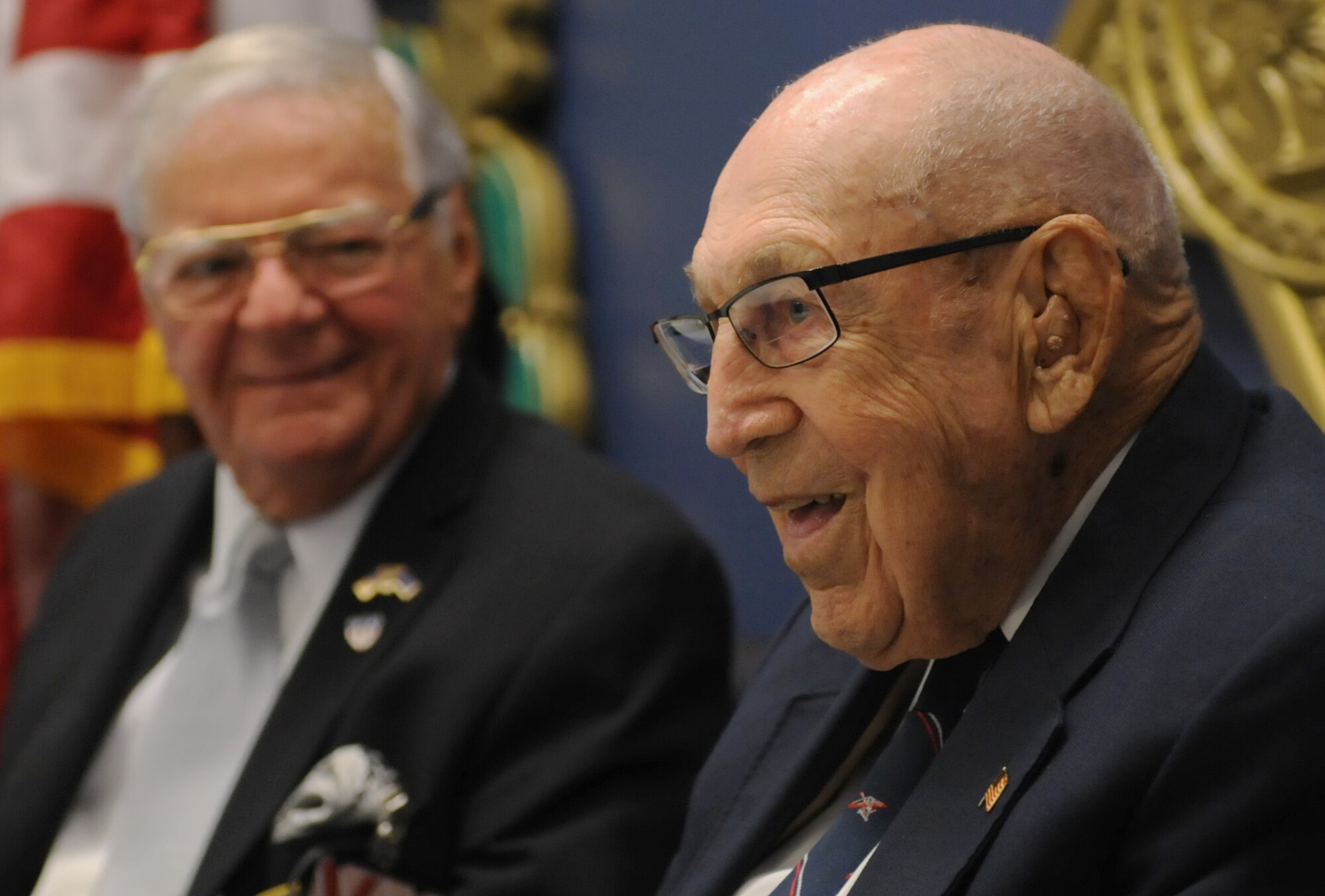 Retired Lt. Col. Dick Cole, one of two surviving Doolittle Raiders, answers questions in the Hall of Heroes at the Pentagon, Arlington, Va., Nov. 5, 2015. The Doolittle Raid was designed to bolster American morale and provide the U.S. an opportunity to retaliate against Japan after their attack on Pearl Harbor. (U.S. Air Force photo by Staff Sgt. Carlin Leslie/Released)