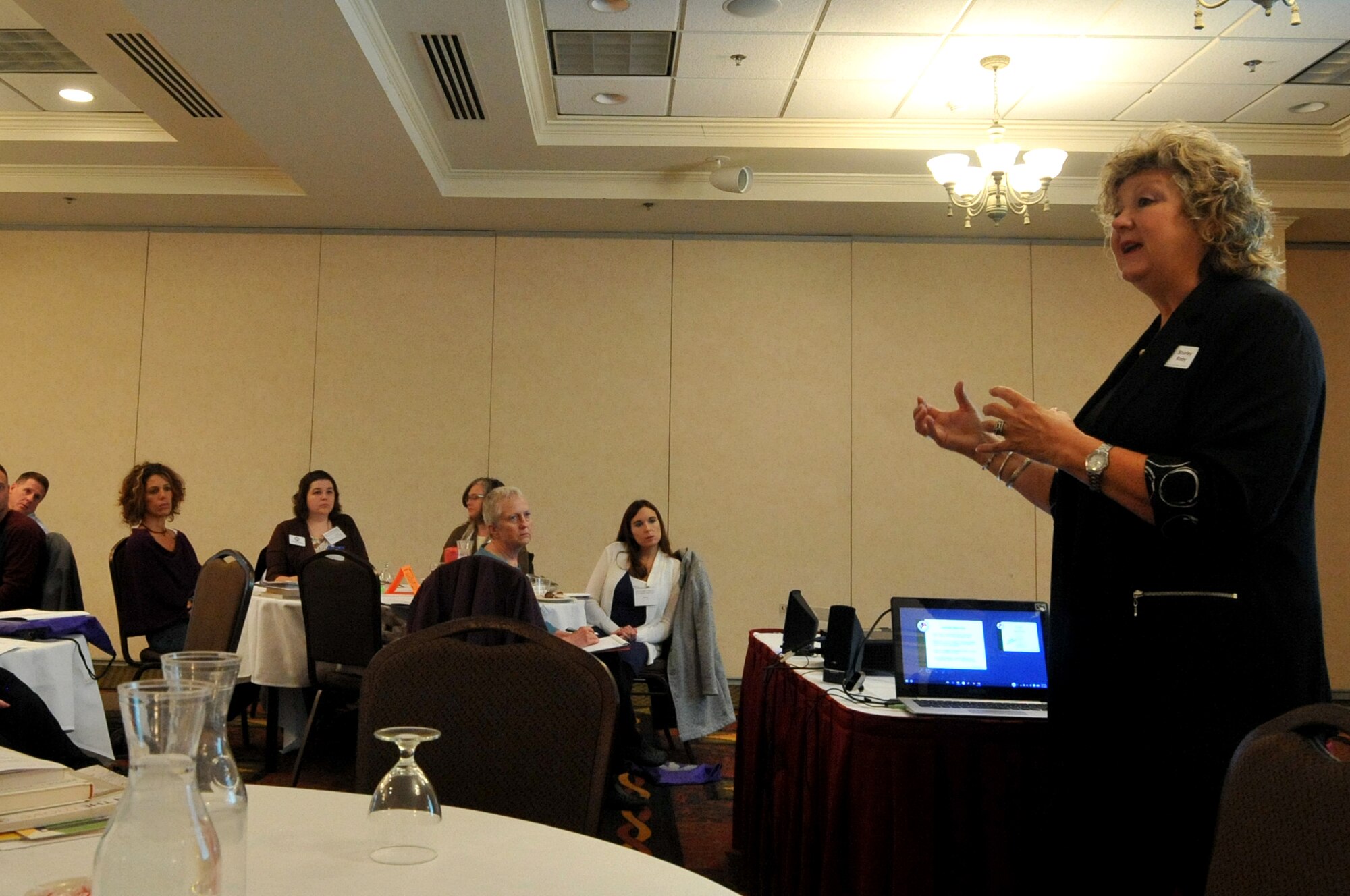 Shirley Raby from the Military Child Education Coalition speaks to a group of childcare and education professionals from across the region who gathered Nov. 3, 2015 in Grand Forks, North Dakota for a Helping Military Children Discover their S.P.A.R.C. (Strength, Potential, Aspirations, Resourcefulness and Confidence) workshop. The event was hosted by the Military Child Education Coalition in cooperation with the Grand Forks Air Force Base school liaison office. (U.S. Air Force photo/Staff Sgt. Susan L. Davis)
