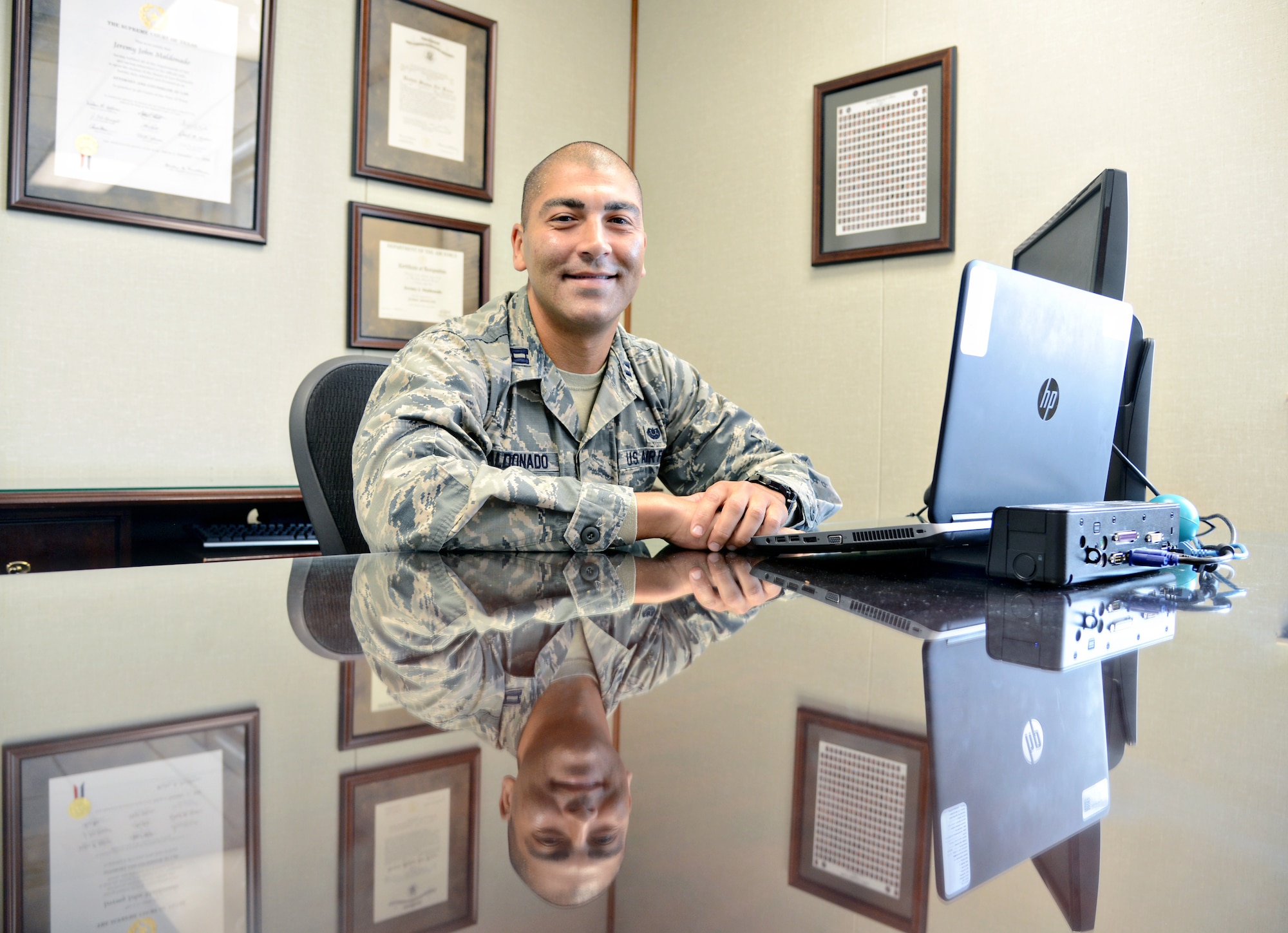Capt. Jeremy Maldonado, Tinker’s only Special Victims Counsel, represents victims of sexual assault and rape and gives them advice on the military justice process. Cases are assigned to him mainly by the Base Legal Office or SAPR. (Air Force photo by Kelly White/Released)