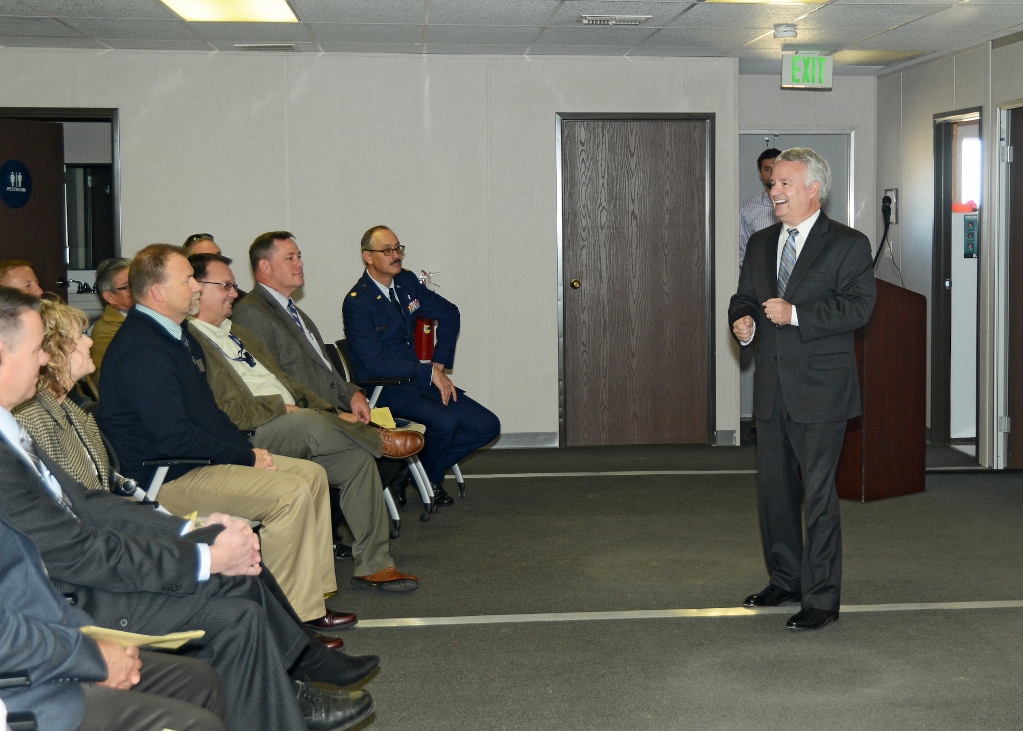 John Esch addresses an audience filled with U.S. Air Force Plant 42 employees during a ceremony Nov. 4. Esch was appointed the new director of Plant 42 during the ceremony. (U.S. Air Force photo by Kenji Thuloweit)
