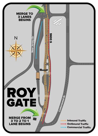 Beginning Nov. 13, the 75th Security Forces Squadron will open three inbound lanes from 5-8 a.m. Monday-Friday at the Roy Gate. The change will leave only one outbound lane during this timeframe. The addition of another inbound lane is to help alleviate congestion and mitigate safety concerns during peak morning traffic hours. (U.S. Air Force graphic by Kent Bingham)