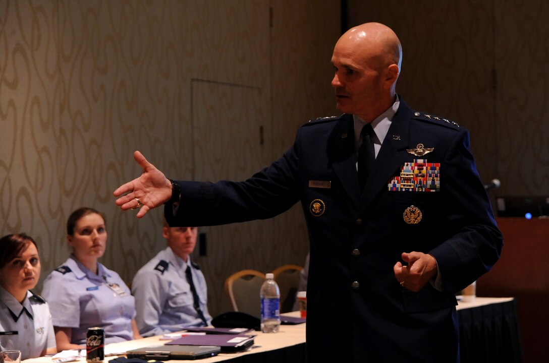 Gen. Carlton Everhart, Air Mobility Command commander, addresses High Flight  attendees during the 2015 Airlift/Tanker Association Convention and Mobility Symposium, Oct. 28, 2015. High Flight is a specific group of company grade officers (0-1 to 0-3) selected to attend A/TA for professional development.‪‪(United States Air Force photo/ A1C Danielle Quilla) 