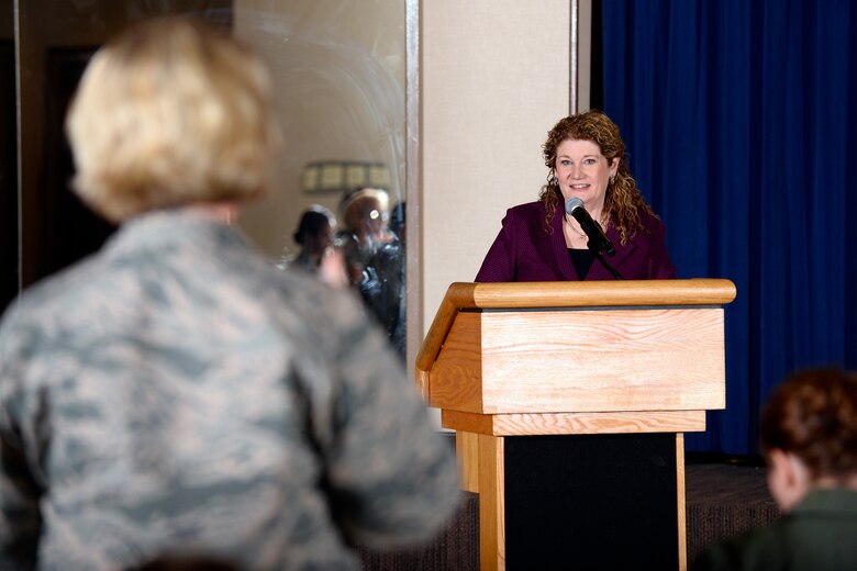 Retired Lt. Gen. Susan Helms speaks to members of the 50th and 21st Space Wings following Col. DeAnna M. Burt’s, 50 SW commander, comments during a women’s military brunch hosted by the Schriever Company Grade Officers Council and the Rocky Mountain Company Grade Officers Council Thursday, Oct. 29, 2015, at the Club at Peterson Air Force Base, Colorado. The brunch focused on issues affecting women in today’s military. (U.S. Air Force photo/Christopher DeWitt)