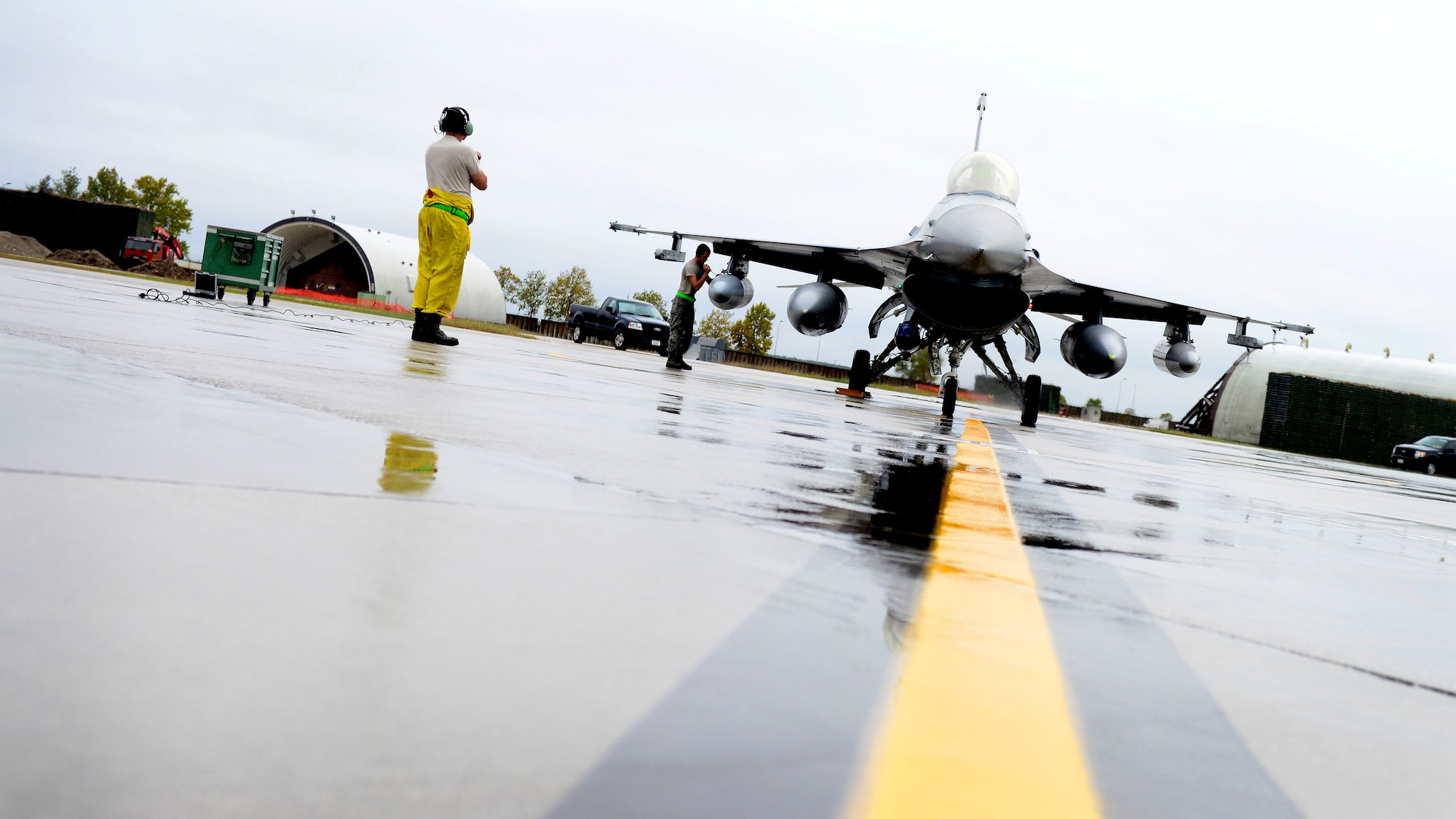 A U.S. Air Force F-16 Fighting Falcon from the 555th Fighter Squadron arrives Oct. 29, 2015, at Aviano Air Base, Italy. The 555th FS and Aircraft Maintenance Unit deployed more than 300 maintenance and support personnel in support of Operation New Dawn. (U.S. Air Force photo by Senior Airman Areca T. Bell/Released)