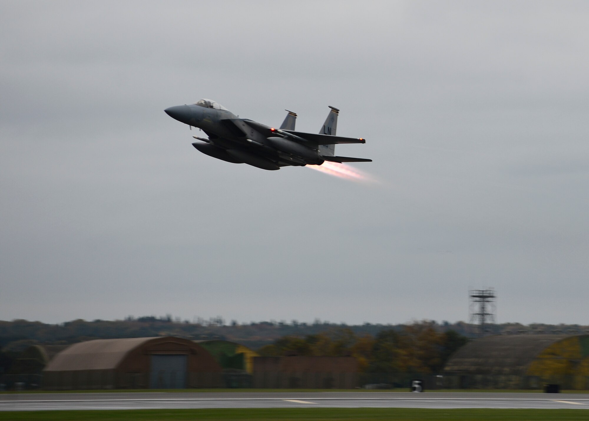 U.S. Air Force F-15C Eagles depart RAF Lakenheath to support the combat air patrol mission in Turkey, Nov. 6, 2015. The six F-15Cs from the 48th Fighter Wing deployed to Incirlik in response to the Government of Turkey's request for support in securing the sovereignty of Turkish airspace. As an air-to-air fighter aircraft, the F-15C specializes in gaining and maintaining air superiority. (U.S. Air Force photo by Senior Airman Nigel Sandridge/Released)