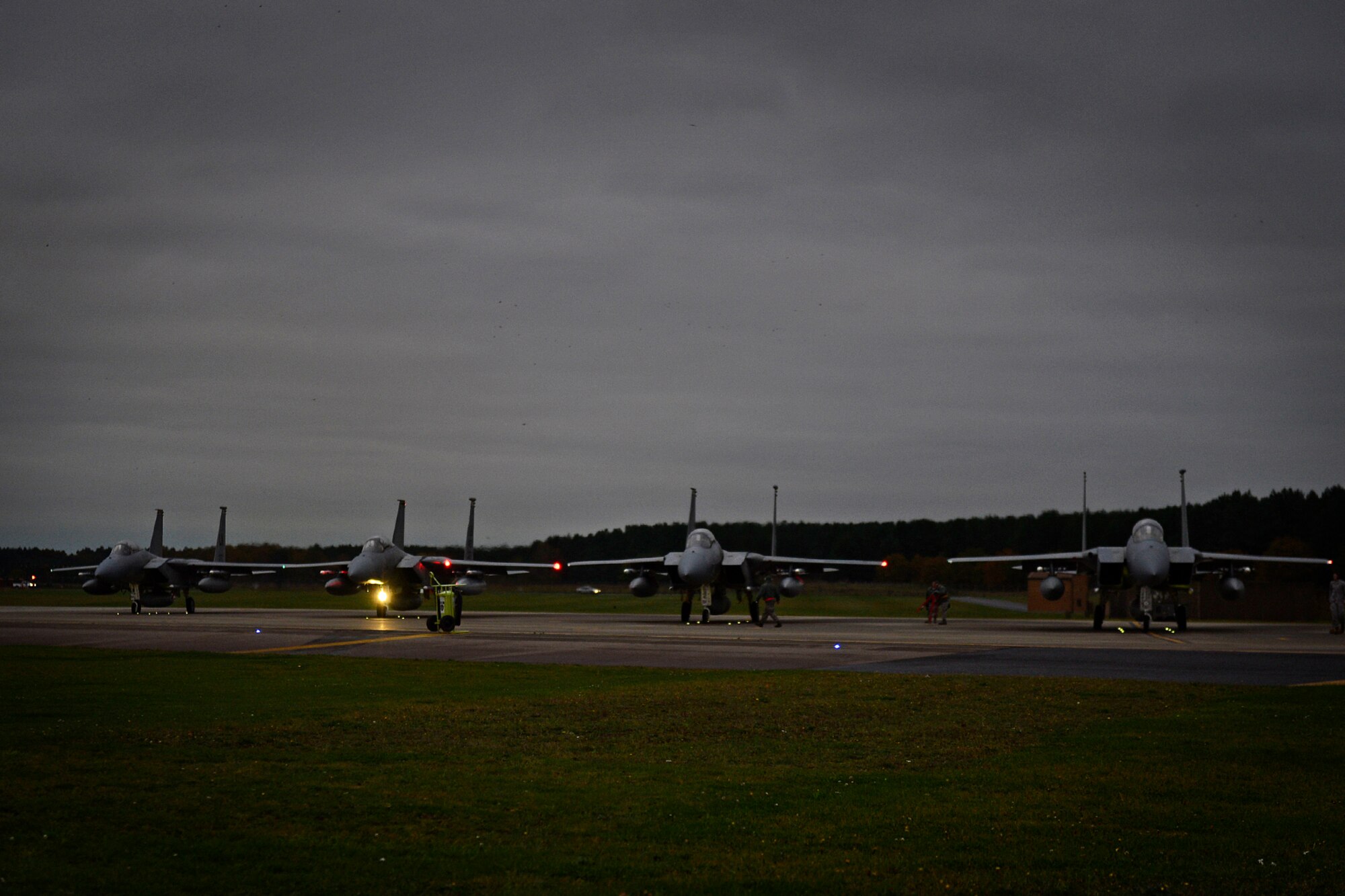 U.S. Air Force F-15C Eagles depart RAF Lakenheath to support the combat air patrol mission in Turkey, Nov. 6, 2015. The six F-15Cs from the 48th Fighter Wing deployed to Incirlik in response to the Government of Turkey's request for support in securing the sovereignty of Turkish airspace. As an air-to-air fighter aircraft, the F-15C specializes in gaining and maintaining air superiority. (U.S. Air Force photo by Airman 1st Class Erin R. Babis/Released)