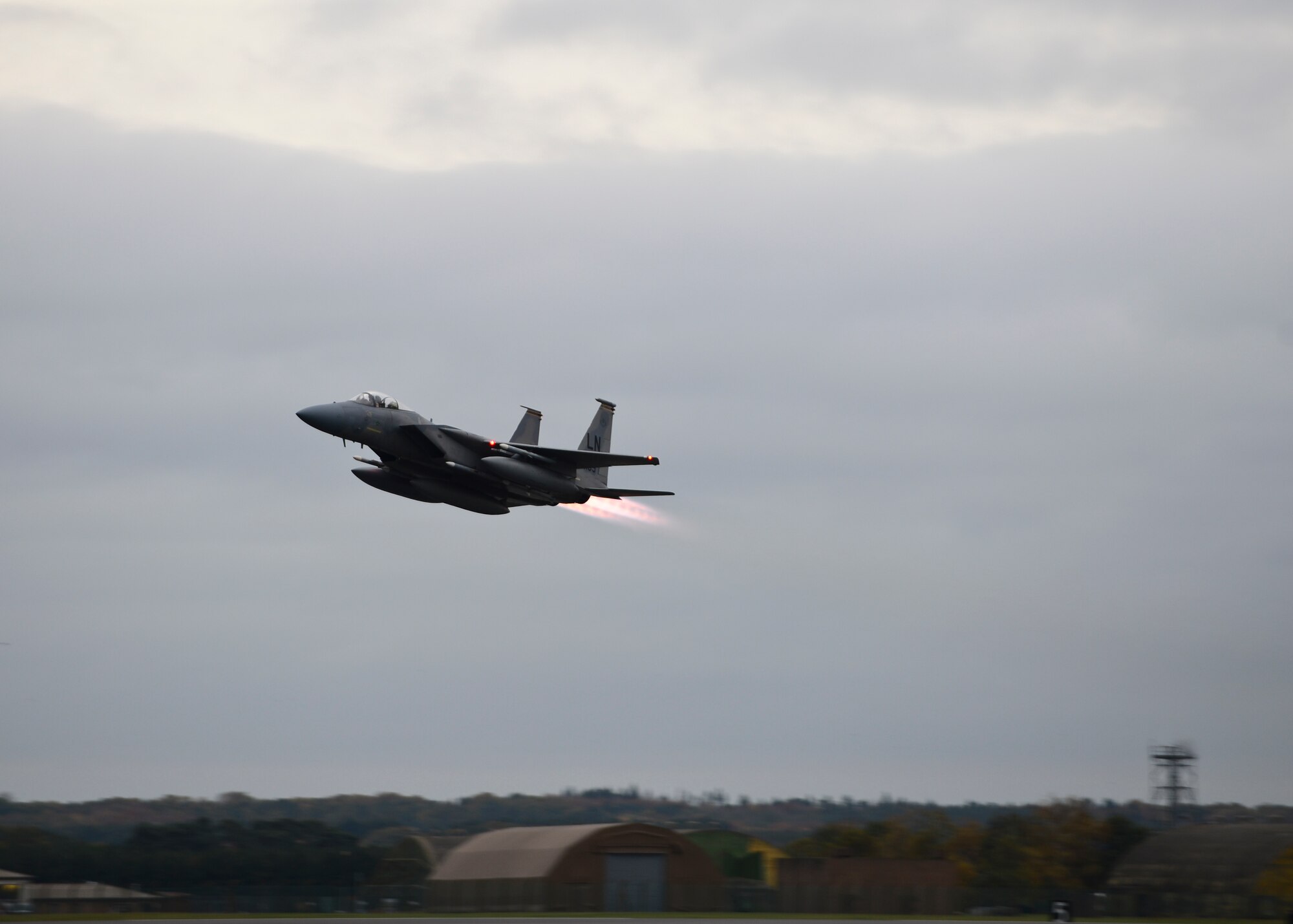 U.S. Air Force F-15C Eagles depart RAF Lakenheath to support the combat air patrol mission in Turkey, Nov. 6, 2015. The six F-15Cs from the 48th Fighter Wing deployed to Incirlik in response to the Government of Turkey's request for support in securing the sovereignty of Turkish airspace. As an air-to-air fighter aircraft, the F-15C specializes in gaining and maintaining air superiority. (U.S. Air Force photo by Senior Airman Nigel Sandridge/Released)