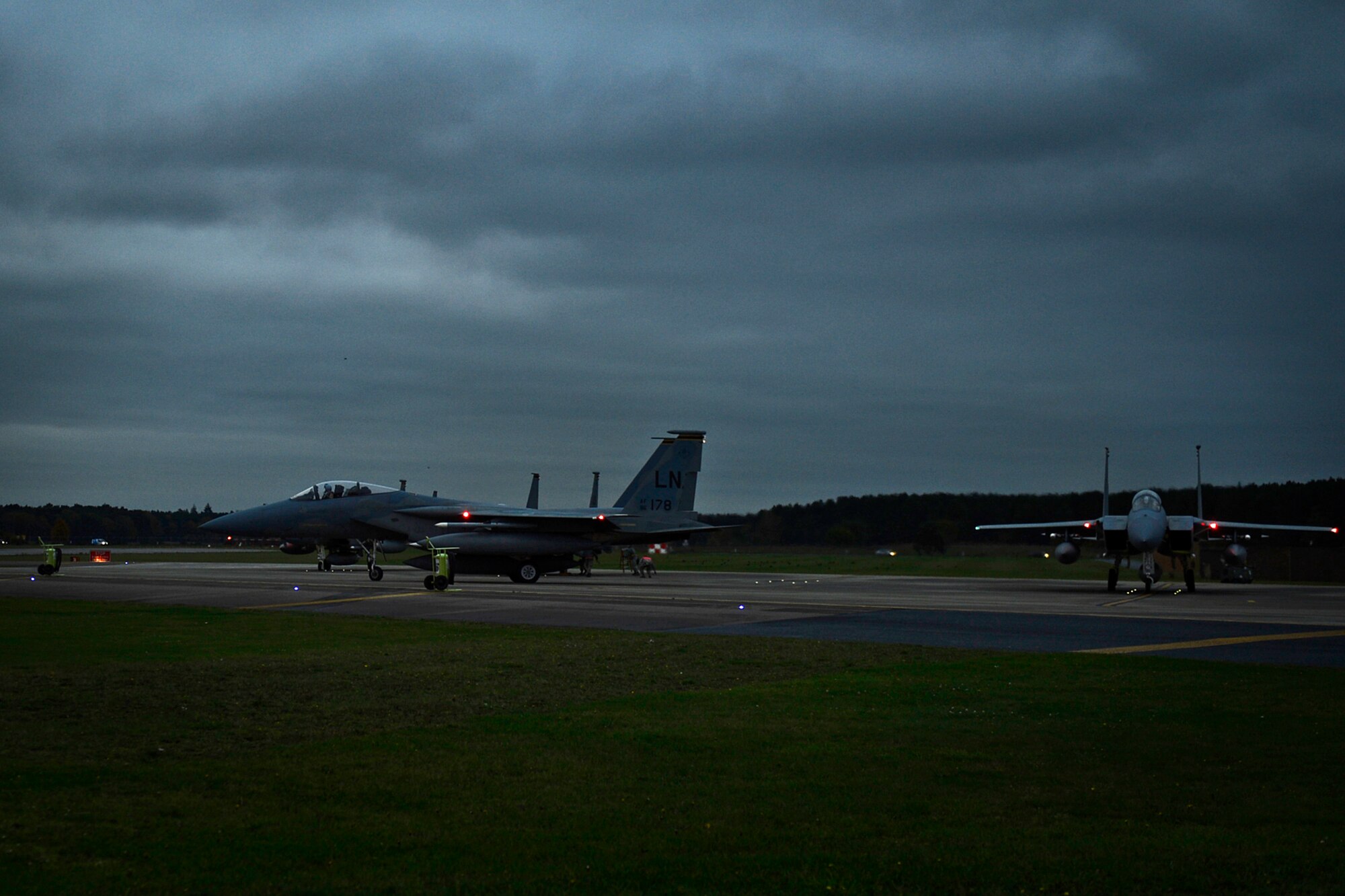 U.S. Air Force F-15C Eagles depart RAF Lakenheath to support the combat air patrol mission in Turkey, Nov. 6, 2015. The six F-15Cs from the 48th Fighter Wing deployed to Incirlik in response to the Government of Turkey's request for support in securing the sovereignty of Turkish airspace. As an air-to-air fighter aircraft, the F-15C specializes in gaining and maintaining air superiority. (U.S. Air Force photo by Airman 1st Class Erin R. Babis/Released)