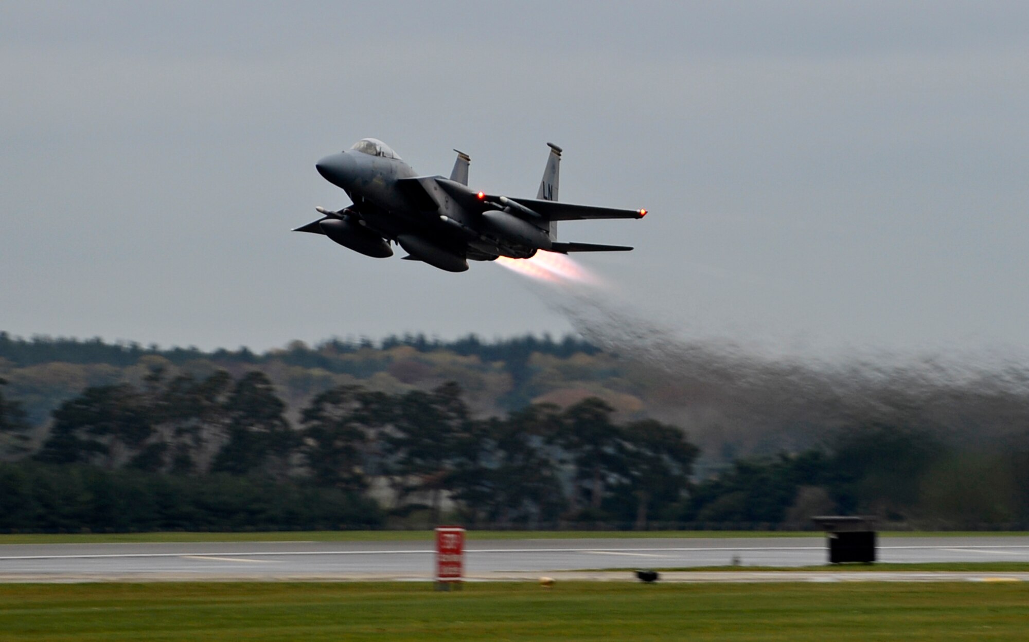 U.S. Air Force F-15C Eagles depart RAF Lakenheath to support the combat air patrol mission in Turkey, Nov. 6, 2015. The six F-15Cs from the 48th Fighter Wing deployed to Incirlik in response to the Government of Turkey's request for support in securing the sovereignty of Turkish airspace. As an air-to-air fighter aircraft, the F-15C specializes in gaining and maintaining air superiority. (U.S. Air Force photo by Senior Airman Nigel Sandridge/Released)