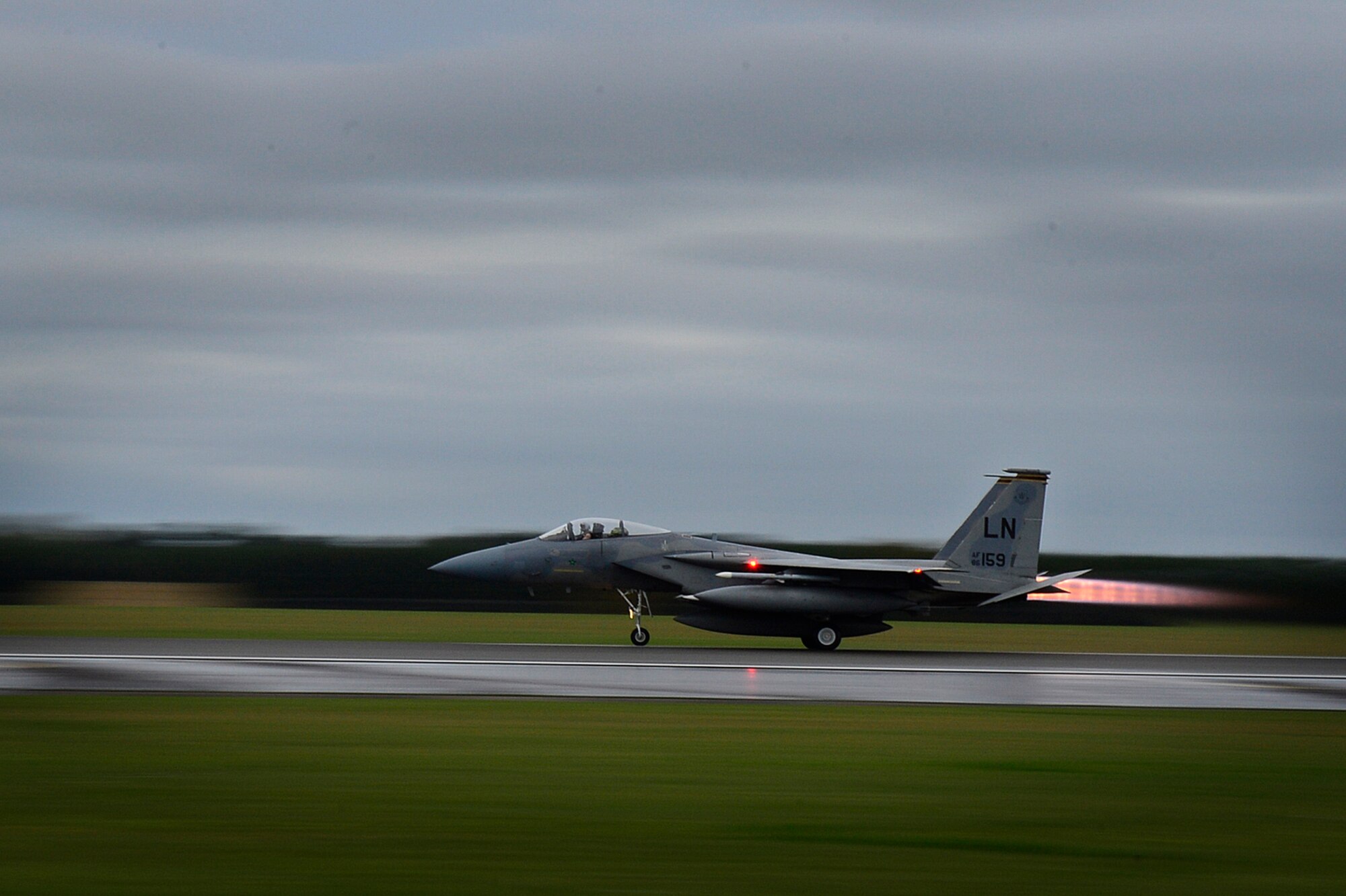 U.S. Air Force F-15C Eagles depart RAF Lakenheath to support the combat air patrol mission in Turkey, Nov. 6, 2015. The six F-15Cs from the 48th Fighter Wing deployed to Incirlik in response to the Government of Turkey's request for support in securing the sovereignty of Turkish airspace. As an air-to-air fighter aircraft, the F-15C specializes in gaining and maintaining air superiority. (U.S. Air Force photo by Airman 1st Class Erin R. Babis/Released)