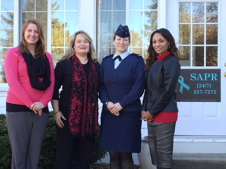 Wright-Patterson Air Force Base's Sexual Assault Prevention and Response (SAPR) program includes (L to R) April Barrows, sexual assault victim advocate (SAVA); Carmen Schott, sexual assault response coordinator (SARC) and SAPR manager; 1st Lt. Jennifer West, deputy SARC; and Susan Alexander, SAVA.  The program is based at the Arnold House, Bldg. 8, Area A. (Skywrighter photo/Amy Rollins)