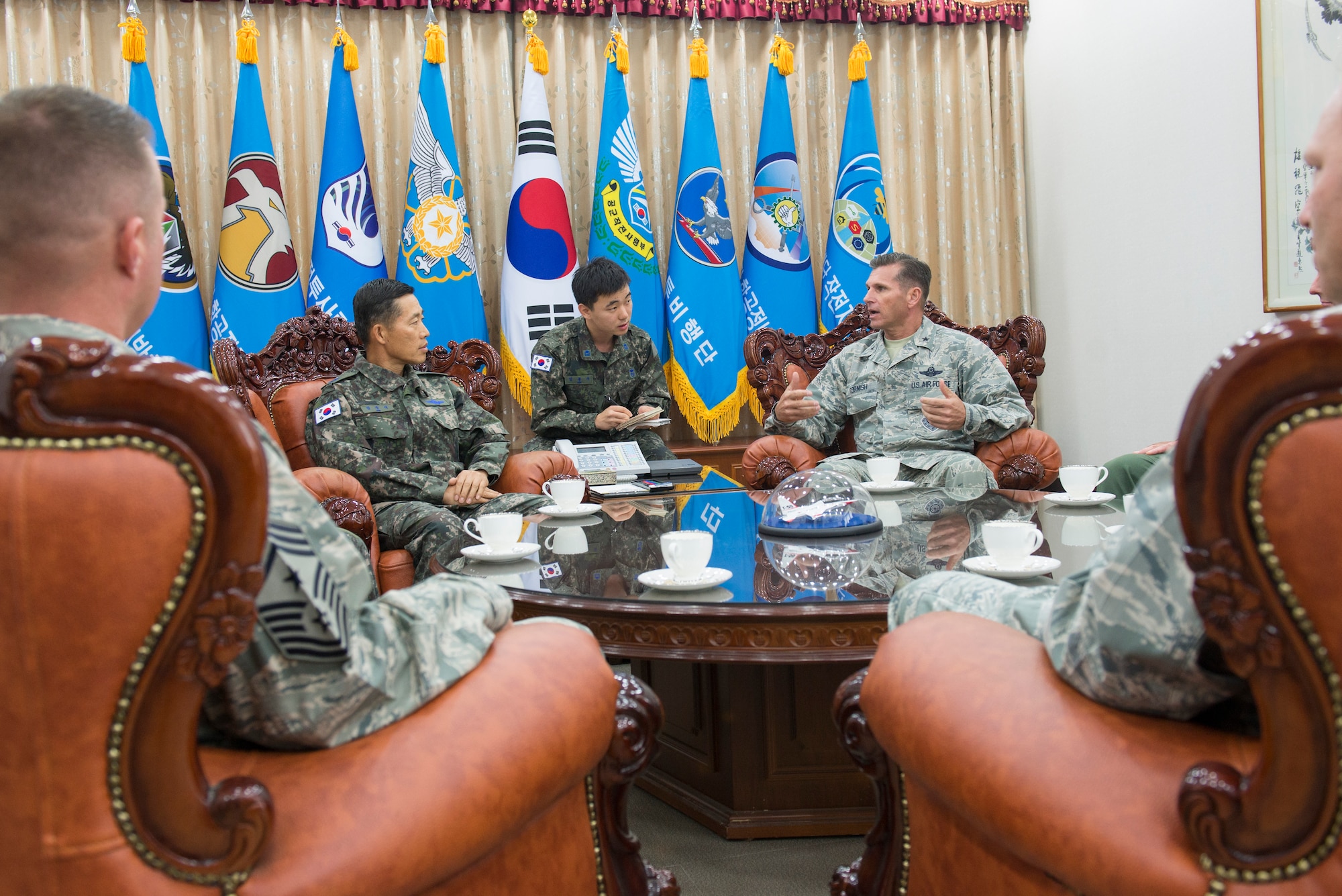 U.S. Air Force Brig. Gen. Barry Cornish, 18th Wing commander, meets with Republic of Korea Air Force Brig. Gen. Junsik Kim, 1st Fighter Wing commander, about Kadena’s role and mission impact during exercise Vigilant Ace 16 Nov. 5, 2015, at Gwangju Air Base, Republic of Korea. Vigilant Ace is a regularly scheduled exercise meant to increase familiarity between the ROKAF and U.S. militaries. As the ‘Keystone’ of the Pacific, Kadena’s Airmen help ensure peace, security and stability in the Northeast Asia region. (U.S. Air Force photo by Senior Airman Omari Bernard)