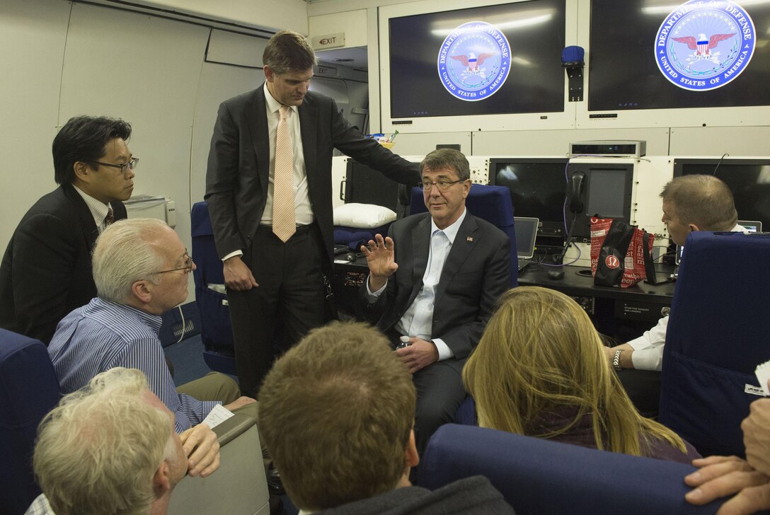 Defense Secretary Ash Carter speaks with reporters as he departs from California after delivering keynote remarks at the Reagan National Defense Forum at the Ronald Reagan Presidential Library in Simi Valley, Calif., Nov. 7, 2015. DoD photo by Air Force Senior Master Sgt. Adrian Cadiz