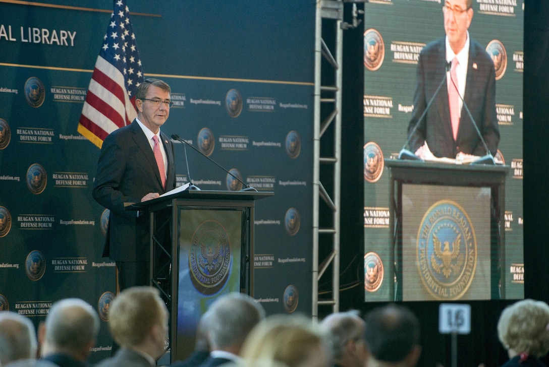 Defense Secretary Ash Carter delivers keynote remarks during the Reagan National Defense Forum at the Ronald Reagan Presidential Library in Simi Valley, Calif., Nov. 7, 2015. DoD photo by Air Force Senior Master Sgt. Adrian Cadiz