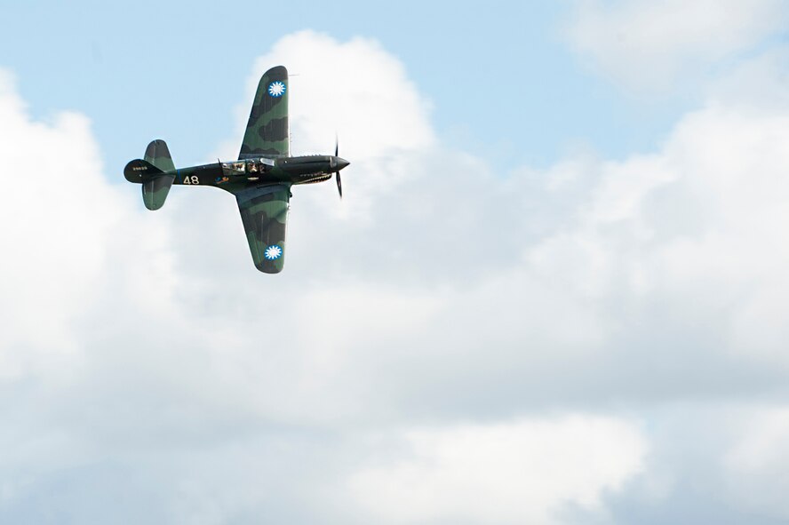 The Commemorative Air Force’s P-40 Warhawk flies during the Thunder Over South Georgia, Nov. 7, 2015, at Moody Air Force Base, Ga. Originally apart of the Royal Canadian Air Force, the CAF took ownership of the aircraft in 1965. (U.S. Air Force photo by Airman 1st Class Kathleen D. Bryant/Released)