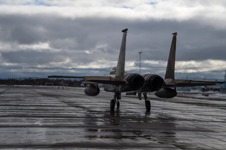 A United States Air Force F-15C Eagle with the 144th Fighter Wing, piloted by U.S. Air Force Lt. Col. Robert Swertfager, taxis out for the first mission of Vigilant Shield 16 at 5 Wing Goose Bay, Canada, Oct. 19, 2015. . From Oct. 15-26, 2015 approximately 700 members from the Canadian Armed Forces, the United States Air Force, the United States Navy, and the United States Air National Guard are deploying to Iqaluit, Nunavut, and 5 Wing Goose Bay, Newfoundland and Labrador for Exercise Vigilant Shield 16. (U.S. Air National Guard photo by Senior Master Sgt. Chris Drudge)
