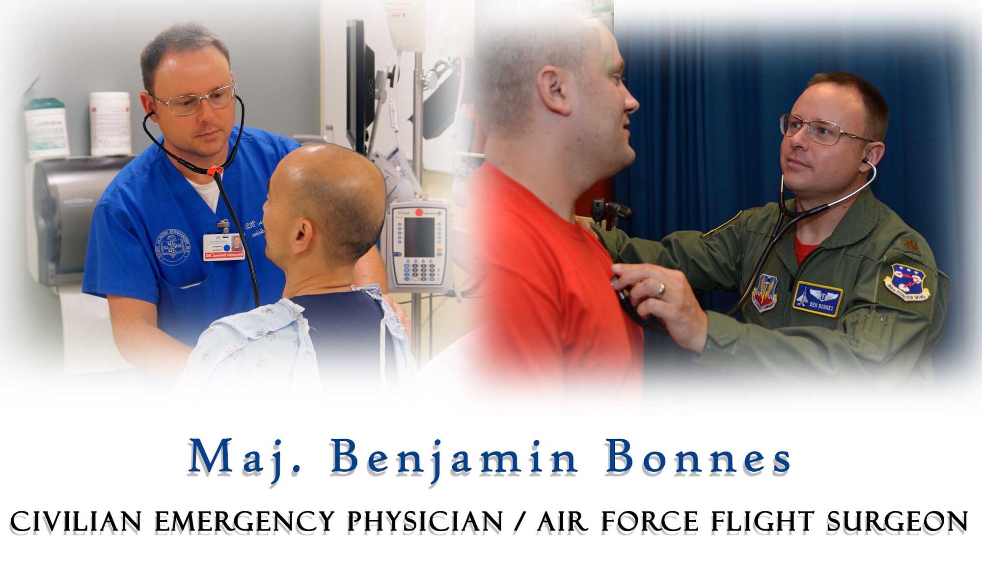 U.S. Air Force Maj. Benjamin Bonnes, 144th Medical Group flight surgeon, joined the Air National Guard after completing emergency medicine residency at Johns Hopkins, Md. Bonnes is a full-time civilian emergency physician in Oakland, Calif., and a part-time Air Force flight surgeon. He serves and trains at the Fresno Air National Guard Base one weekend every month on top of any additional training exercises scheduled throughout the year. (U.S. Air National Guard illustration by Senior Airman Klynne Pearl Serrano)