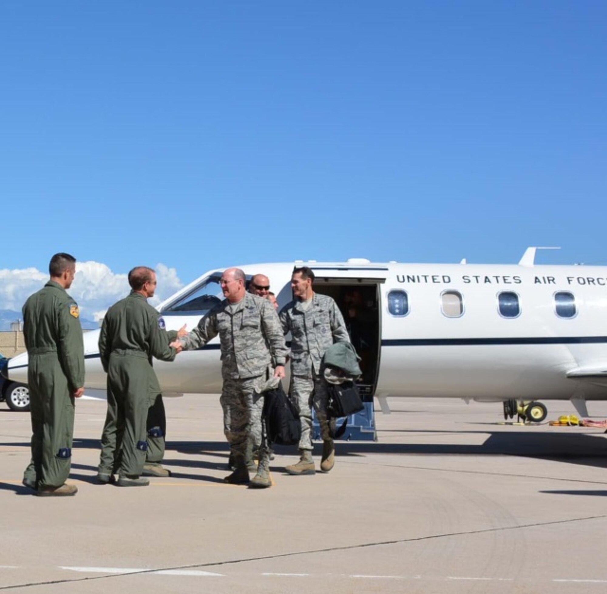 Lt. Gen. James Jackson, Commander of the Air Force Reserve and Lt. Gen. Stanley Clark III, the director of Air National Guard arrive at  Tucson International Airport to participate in the 34th annual WEPTAC Council. Air National Guard photo by Staff Sgt Micah   Hill/Released.
