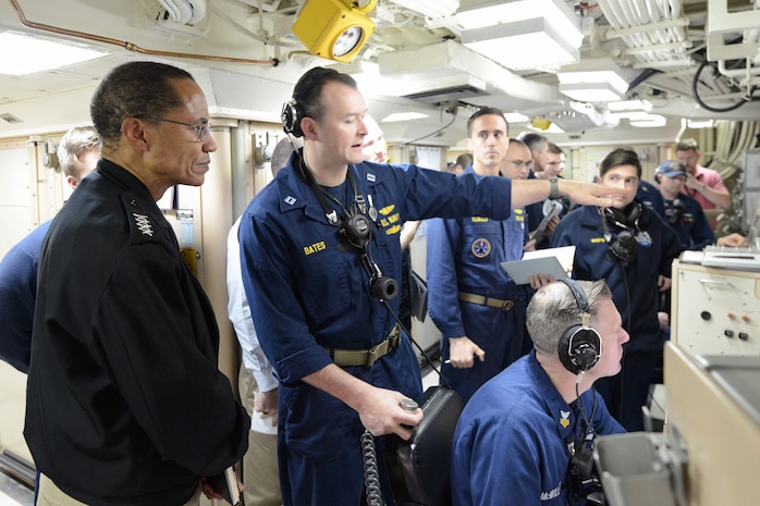 151107-N-ZW825-044 USS KENTUCKY AT SEA (Nov. 7, 2015) Commander, U.S. Strategic Command (USSTRATCOM), Adm. Cecil D. Haney (left) observes as the Ohio-class ballistic missile submarine USS Kentuckyâ€™s (SSBN 737) assistant weapons officer, Lt. Rick Bates, gives instructions during the 156th successful test flight of an unarmed Trident II D5 missile, Nov. 7, 2015. Haney and several congressional members boarded the Kentucky to observe the event. The missile was launched as part of a Demonstration and Shakedown Operation (DASO) in the Pacific Test Range to validate the readiness and effectiveness of an SSBNâ€™s crew and weapon system. Strategic weapons tests, along with exercises and operations, demonstrate the readiness of the nationâ€™s nuclear triad, assuring America's allies and deterring potential adversaries.  One of nine DoD unified combatant commands, USSTRATCOM has global strategic missions, assigned through the Unified Command Plan, which include strategic deterrence; space operations; cyberspace operations; joint electronic warfare; global strike; missile defense; intelligence, surveillance and reconnaissance; combating weapons of mass destruction; and analysis and targeting. (U.S. Navy photo by Mass Communication Specialist 1st Class Byron C. Linder/Released)