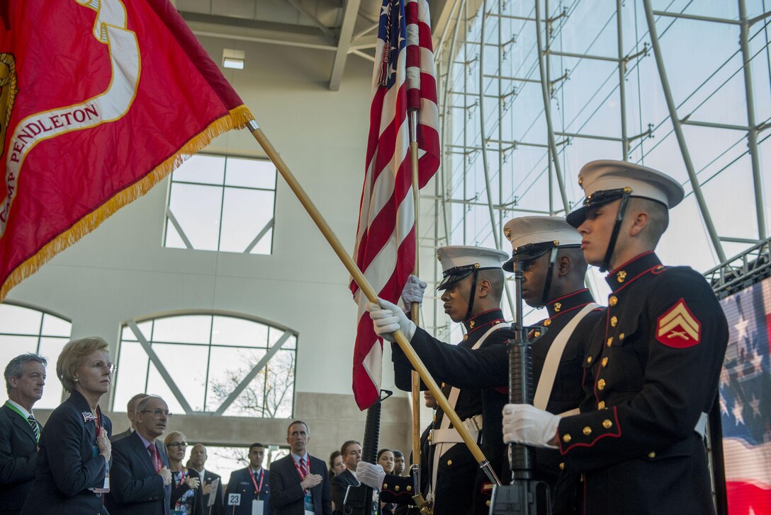 A Marine Corps color guard presents the colors during the Reagan National Defense Forum at the Ronald Reagan Presidential Library in Simi Valley, Calif., Nov. 7, 2015. DoD photo by Air Force Senior Master Sgt. Adrian Cadiz