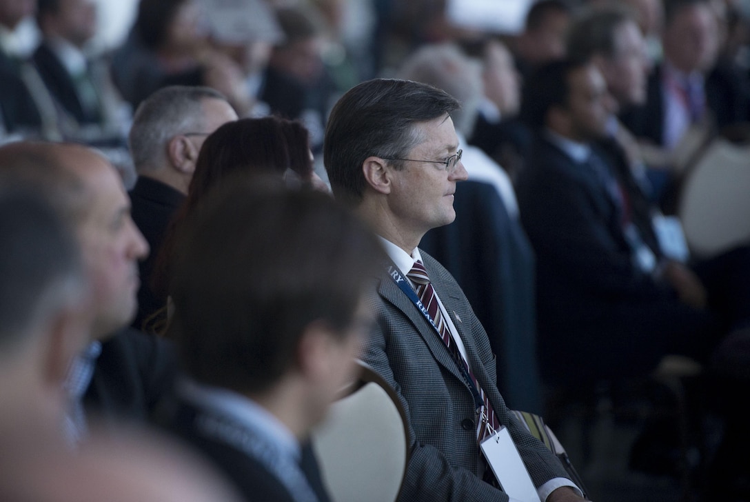 Attendees at the Reagan National Defense Forum keynote luncheon listen as Defense Secretary Ash Carter delivers remarks at the Ronald Reagan Presidential Library in Simi Valley, Calif., Nov. 7, 2015. DoD photo by Air Force Senior Master Sgt. Adrian Cadiz