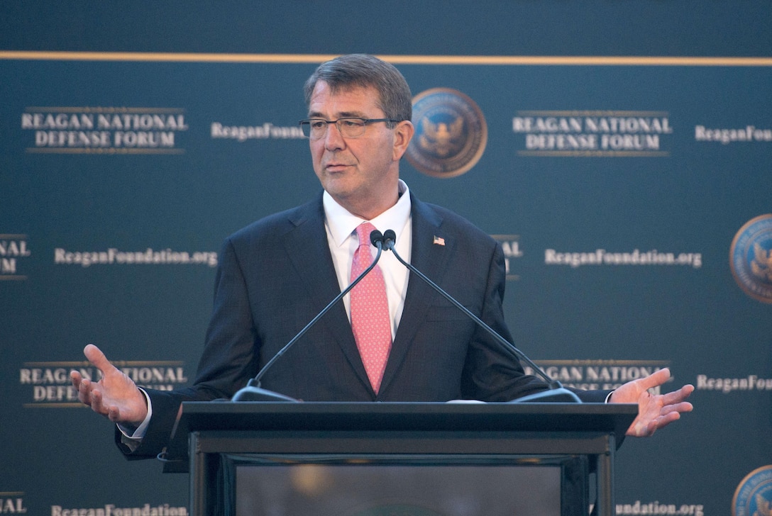 Defense Secretary Ash Carter delivers keynote remarks during the Reagan National Defense Forum at the Ronald Reagan Presidential Library in Simi Valley, Calif., Nov. 7, 2015. DoD photo by Air Force Senior Master Sgt. Adrian Cadiz