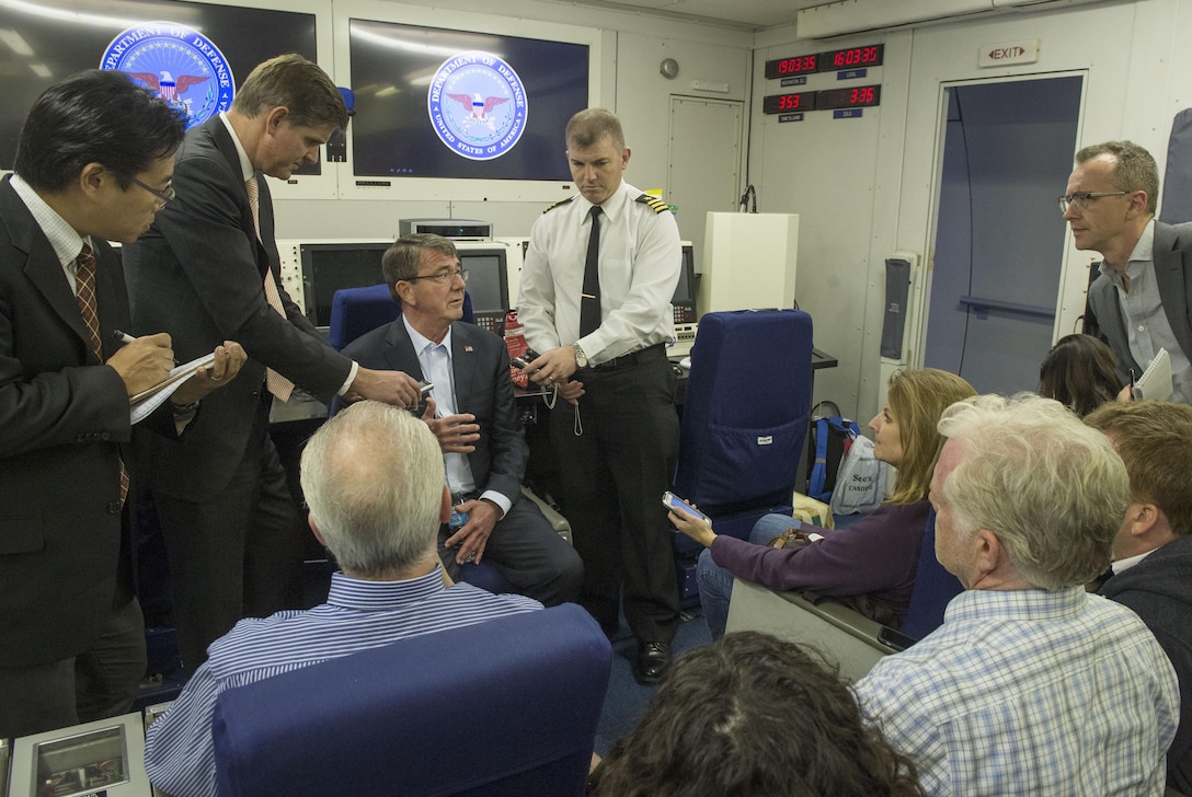 Defense Secretary Ash Carter speaks with reporters as he departs from California after delivering keynote remarks at the Reagan National Defense Forum in Simi Valley, Calif., Nov. 7, 2015. DoD photo by Air Force Senior Master Sgt. Adrian Cadiz