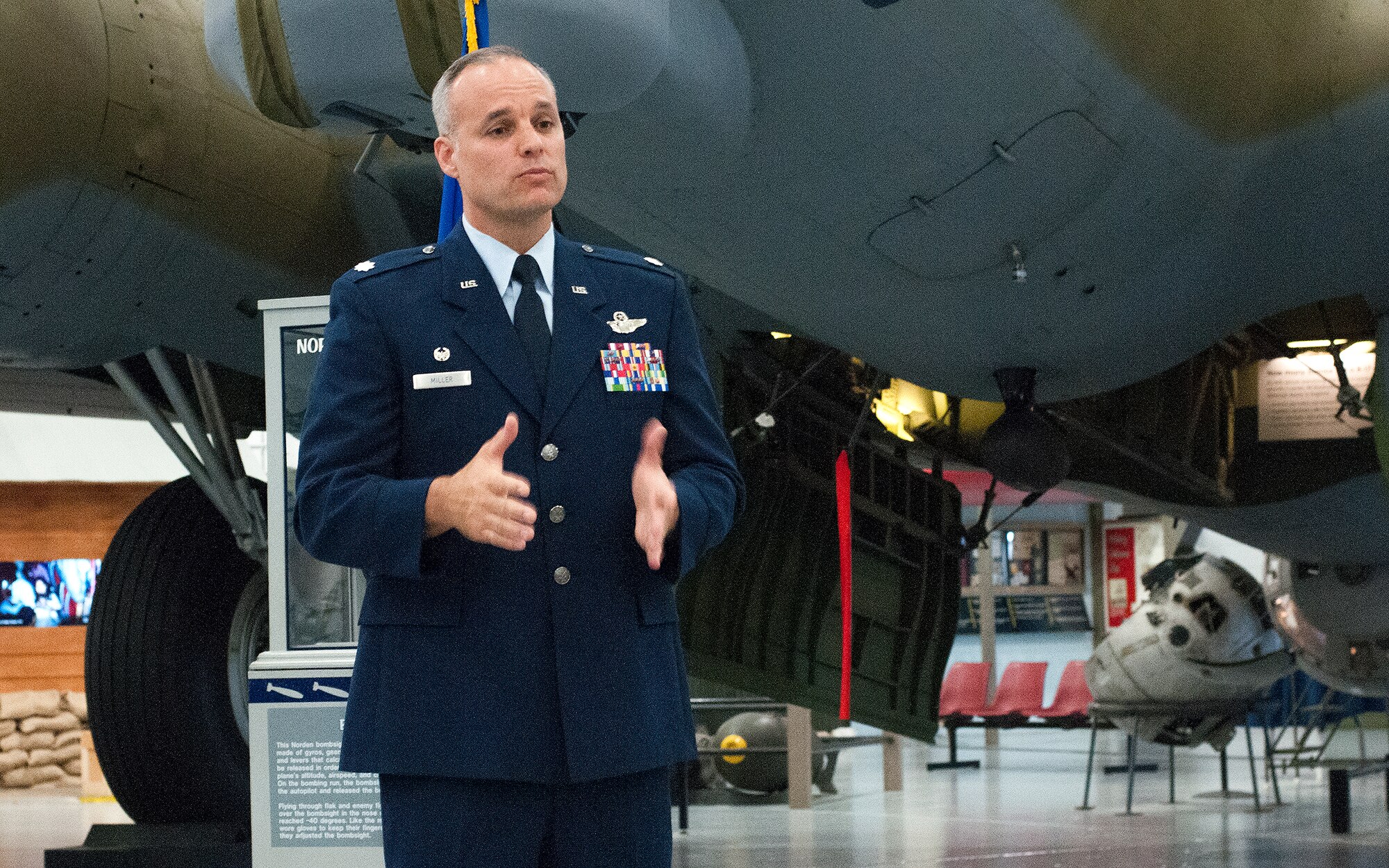 Lt. Col. Jay Miller, incoming 512th Airlift Control Flight commander, provides remarks at the 512th Operations Group assumption of command and change of command ceremonies, Nov. 7, 2015 on Dover Air Force Base, Del. The 512th OG held simultaneous ceremonies for three new reserve commanders and organizations, including Colonel Miller and the 512th ALCF, here during the November Unit Training Assembly. (U.S. Air Force photo/1st Lt. Steve Lewis)