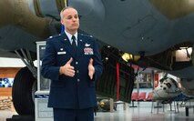 Lt. Col. Jay Miller, incoming 512th Airlift Control Flight commander, provides remarks at the 512th Operations Group assumption of command and change of command ceremonies, Nov. 7, 2015 on Dover Air Force Base, Del. The 512th OG held simultaneous ceremonies for three new reserve commanders and organizations, including Colonel Miller and the 512th ALCF, here during the November Unit Training Assembly. (U.S. Air Force photo/1st Lt. Steve Lewis)