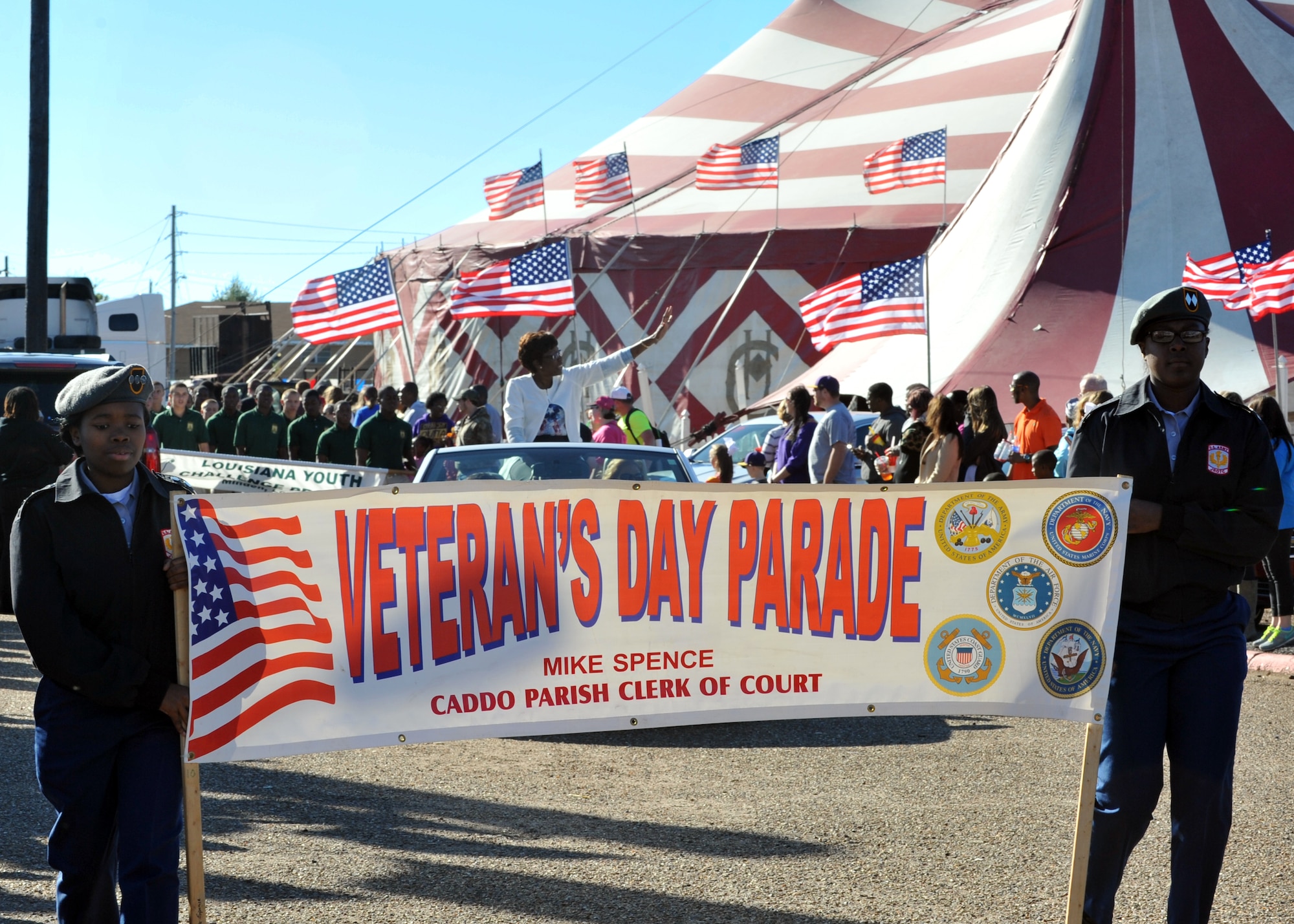 Shreveport mayor Ollie Tyler waves to the crowd during the Veterans Parade at the State Fair of Louisiana in Shreveport, La., Nov. 8, 2015. The holiday is born from Armistice Day, established in 1919, to honor the veterans of World War I and to commemorate the end of the war between the Allied Powers and Germany. (U.S. Air Force photo/ Senior Airman Joseph Raatz)
