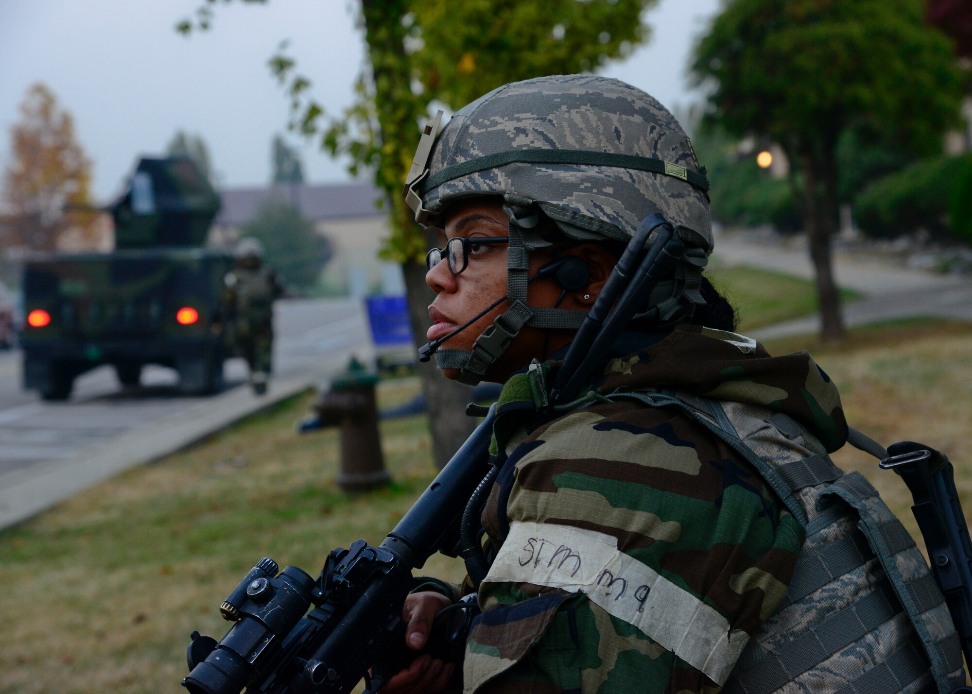 Staff Sgt. Jasmine Wilkerson, 51st Security Forces Squadron, watches for opposing forces during a simulated attack during operational readiness exercise Vigilant Ace 16, on Osan Air Base, Republic of Korea, Nov. 4, 2015. The peninsula-wide exercise, with more than 16,000 participants, allows U.S. and ROK forces to demonstrate their ability to operate in a wartime environment. The defenders highlighted their ability to position, employ and sustain forces and showcase operational readiness. (U.S. Air Force photo/Senior Airman Kristin High)