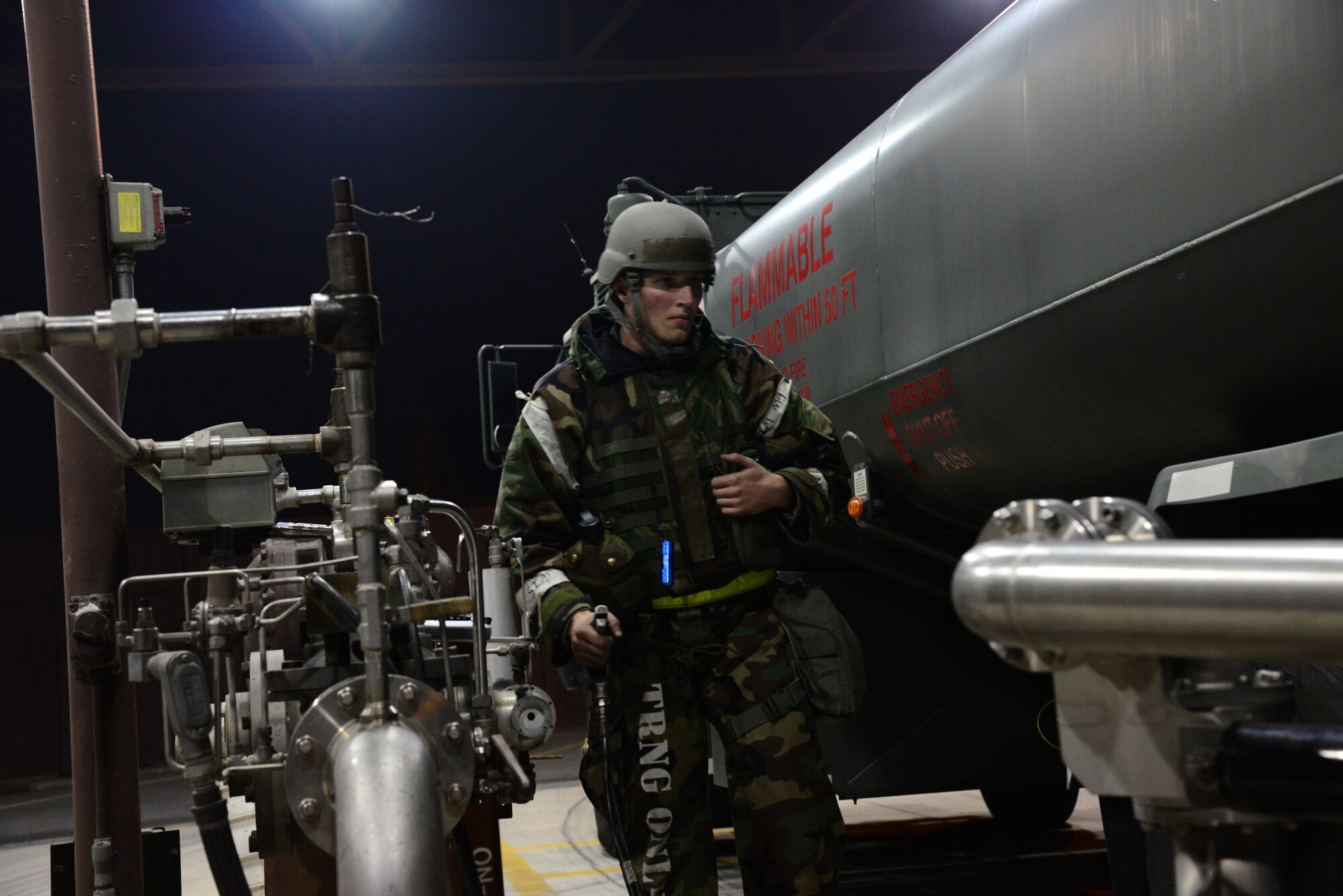 Airman 1st Class Lucas Amodeo, 51st Logistics Readiness Squadron fuels flight aircraft refueling specialist, pumps gas into an R-11 fuel truck during exercise Vigilant Ace 16 at Osan Air Base, Republic of Korea, Nov. 4, 2015. The R-11 is the primary mobile refueling vehicle for the Air Force and can pump approximately 4,000 pounds of fuel per minute. More than 16,000 U.S. personnel will participate in exercise Vigilant Ace 16, which enhances interoperability between ROK and U.S. forces.  (U.S. Air Force photo/Tech. Sgt. Travis Edwards)