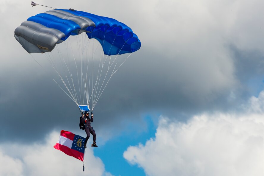 A member of the U.S. Air Force Academy Wings of Blue parachute team glides to safety during the Thunder Over South Georgia airshow, Nov. 7, 2015, at Moody Air Force Base, Ga. The team is part of the Airmanship 490 Basic Freefall Parachuting program from the 98th Flying Training Squadron stationed in Colorado. (U.S. Air Force photo by Staff Sgt. Eric Summers Jr./Released)