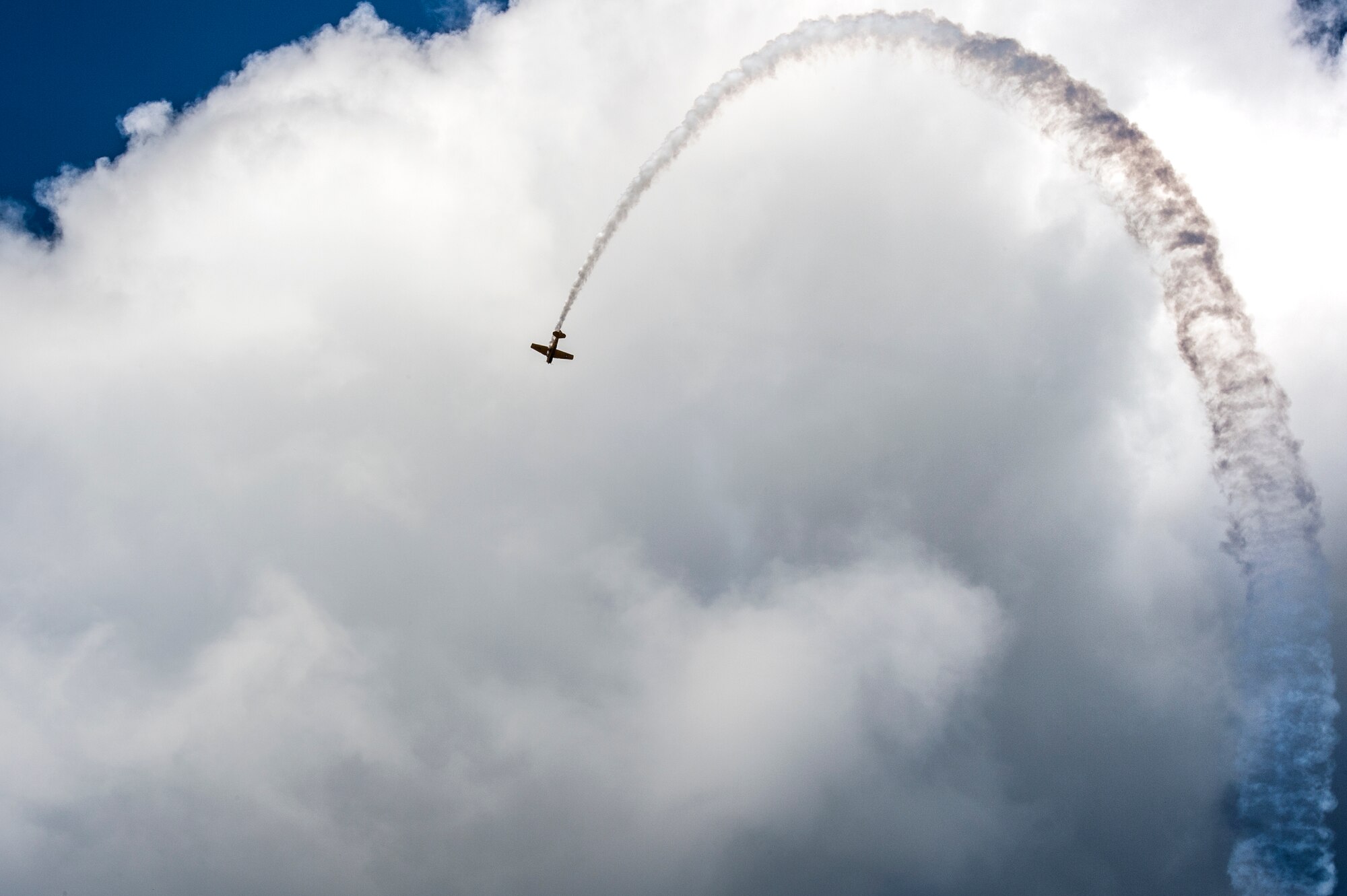 An F-4U Corsair flies in a loop during the Thunder Over South Georgia Open House practice, Nov. 6, 2015, at Moody Air Force Base, Ga. The F-4U was primarily flown in World War II and the Korean War. (U.S. Air Force photo by Senior Airman Ryan Callaghan/Released)
