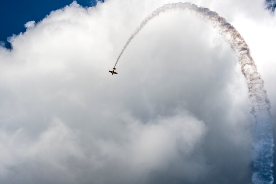 An F-4U Corsair flies in a loop during the Thunder Over South Georgia Open House practice, Nov. 6, 2015, at Moody Air Force Base, Ga. The F-4U was primarily flown in World War II and the Korean War. (U.S. Air Force photo by Senior Airman Ryan Callaghan/Released)
