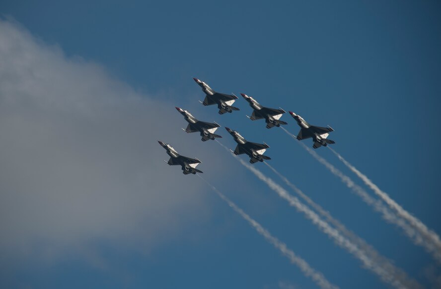 The U.S. Air Force Thunderbirds perform a six-ship formation during Thunder Over South Georgia Open House Nov. 7, 2015, at Moody Air Force Base, Ga. The Thunderbirds fly F-16C/D Fighting Falcons and demonstrate the capabilities of the aircraft during their shows. (U.S. Air Force photo by Senior Airman Olivia Dominique/Released)