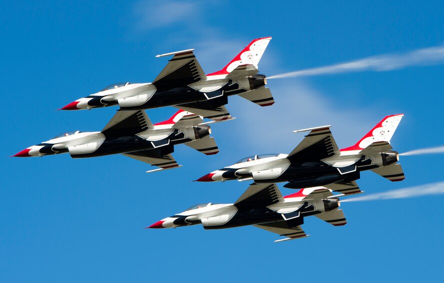 The U.S. Air Force Thunderbirds fly in the four-ship diamond formation during Thunder Over South Georgia, Nov. 7, 2015 at Moody Air Force Base, Ga. The Thunderbirds fly F-16 Fighting Falcons and demonstrate the capabilities of the aircraft during their shows. (U.S. Air Force photo/Tech. Sgt. Zachary Wolf)