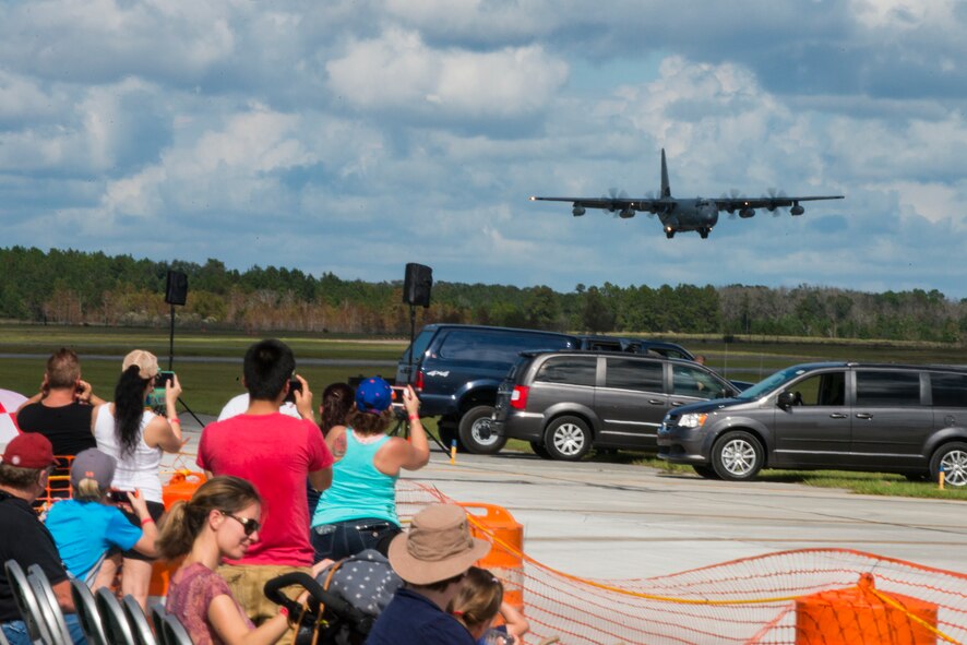 An HC-130J Combat King II lands after performing a combat search and rescue demonstration during the Thunder Over South Georgia Open House, Nov. 7, 2015, at Moody Air Force Base, Ga. The open house is an opportunity for Moody to thank the local community for all of its support. (U.S. Air Force photo by Senior Airman Ceaira Tinsley/Released)