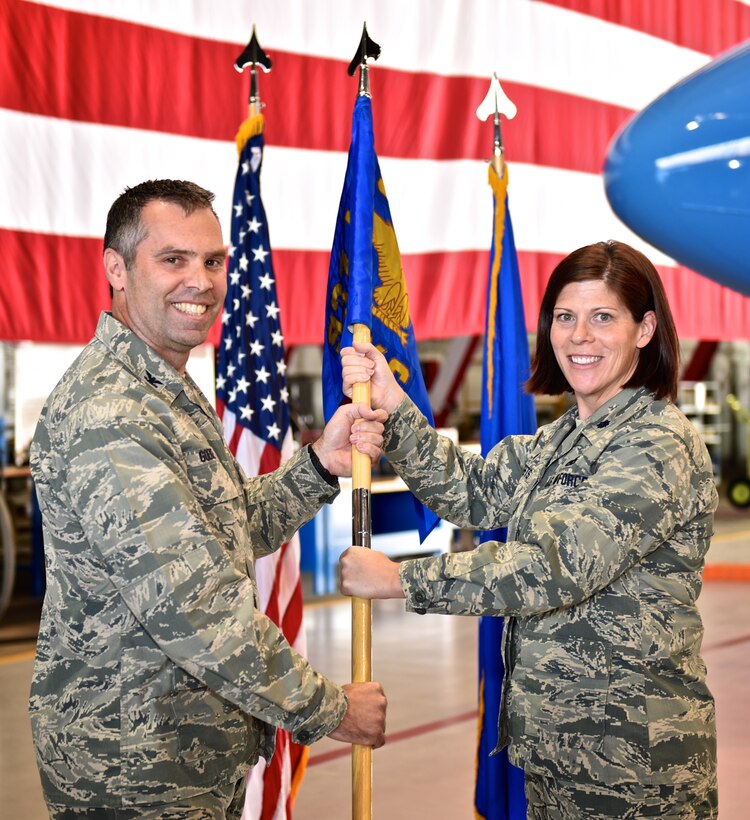 Lt. Col. Amanda Sheets assumed command of the 932nd Maintenance Group Nov. 7 2015, during a ceremony inside Hangar 1 at Scott Air Force Base, Illinois. Prior to taking command, Sheets served as deputy commander of the 433rd Maintenance Group at Lackland Air Force Base, Texas. (U.S. Air Force photo by Tech. Sgt. Christopher Parr)