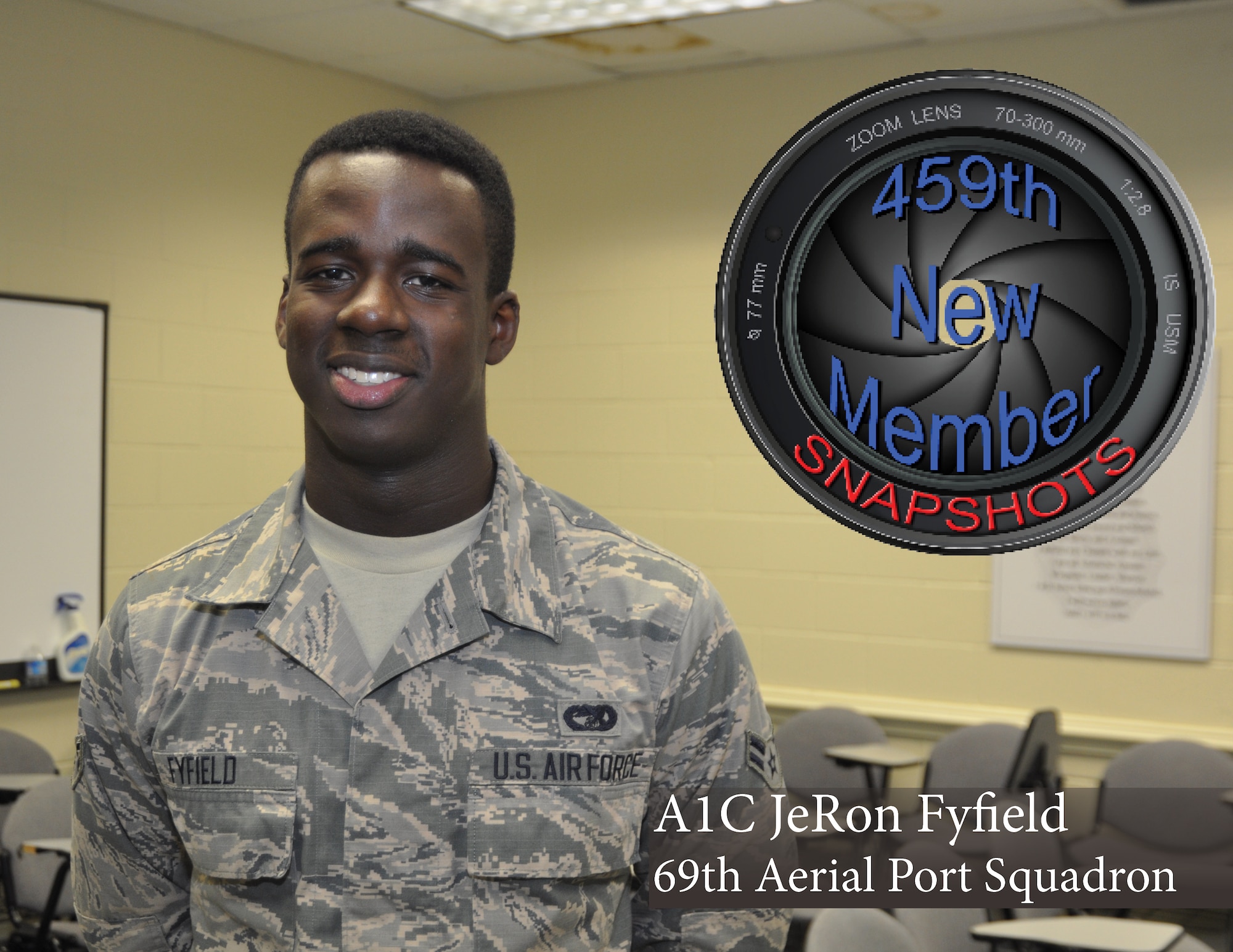 Airman 1st Class JeRon Fyfield, air transportation specialist, 69th Aerial Port Squadron poses for a photo at Joint Base Andrews, Md., November 7, 2015. Fyfield is the 459th Air Refueling Wing's New Member Snapshot for the month of November. (U.S. Air Force Photo/ Tech. Sgt. Brent A. Skeen)