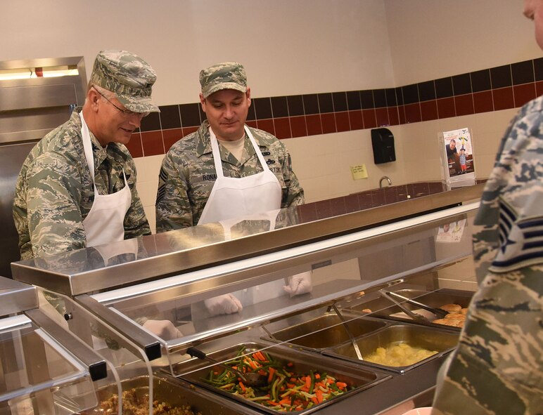 Col. Steven Parker (left), commander, 914th Airlift Wing and Chief Master Sgt. Clint Ronan (right), command chief, 914 AW, serve a holiday lunch to members of the 914 AW on Nov. 7, 2015 at the Niagara Falls Air Reserve Station. Various levels of Wing leadership served over 500 airmen a meal of turkey, ham, stuffing, gravy and sides as a way to express appreciation for all the hard work Airmen do all year. (Courtesy photo by Senior Airman Joshua Williams)