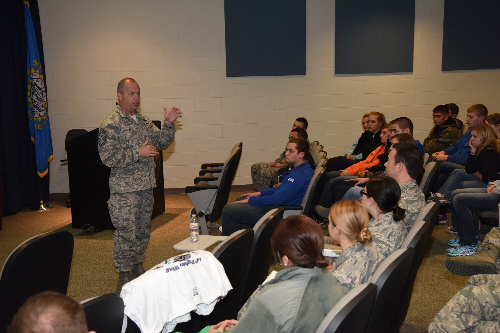 SIOUX FALLS, S.D. - Command Chief Master Sergeant of the Air National Guard James W. Hotaling speaks to junior enlisted Airmen from the 114th Fighter Wing, South Dakota Air National Guard, during and town hall style all call meeting at Joe Foss Field, S.D., Nov. 7, 2015. The ANG’s senior enlisted advisor had a packed schedule and Airmen from every facet of the 114th FW were given the chance to interact with him during his visit. (U.S. Air National Guard photo by Staff Sgt. Luke Olson/Released)